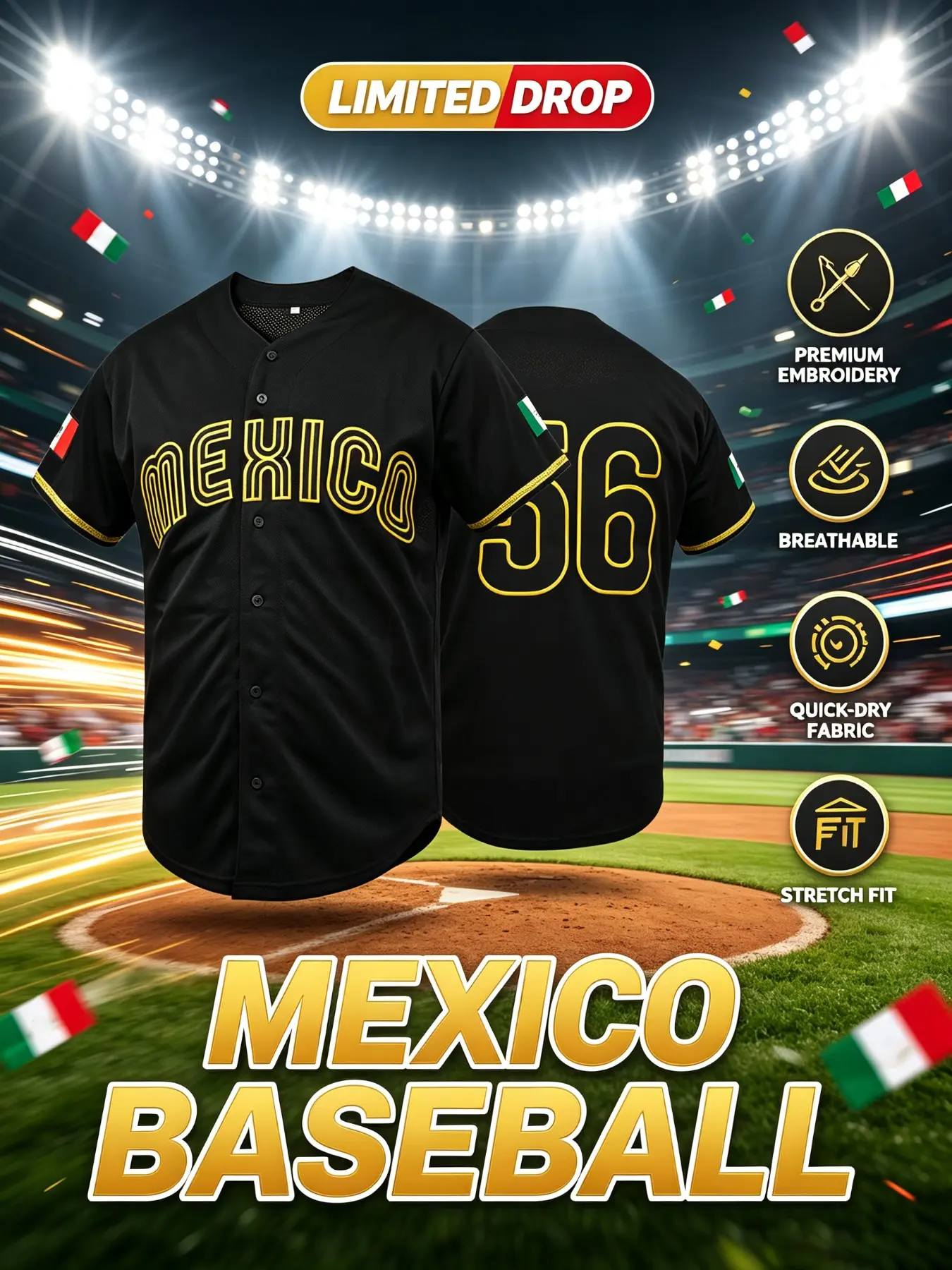 Mexico Print Retro Graphic Baseball Jersey, Casual Sports Jersey, Casual Loose-Fitting Embroidered Short-Sleeve Shirt, Sporty & Daily Wear, Latin Culture Style