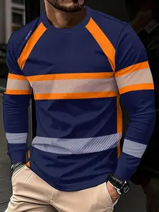 Men's Casual Outdoor Long Sleeve Round Neck T-Shirt with All over Print, Slim-Fitting Design, Trendy Colorblock Style for Everyday Wear