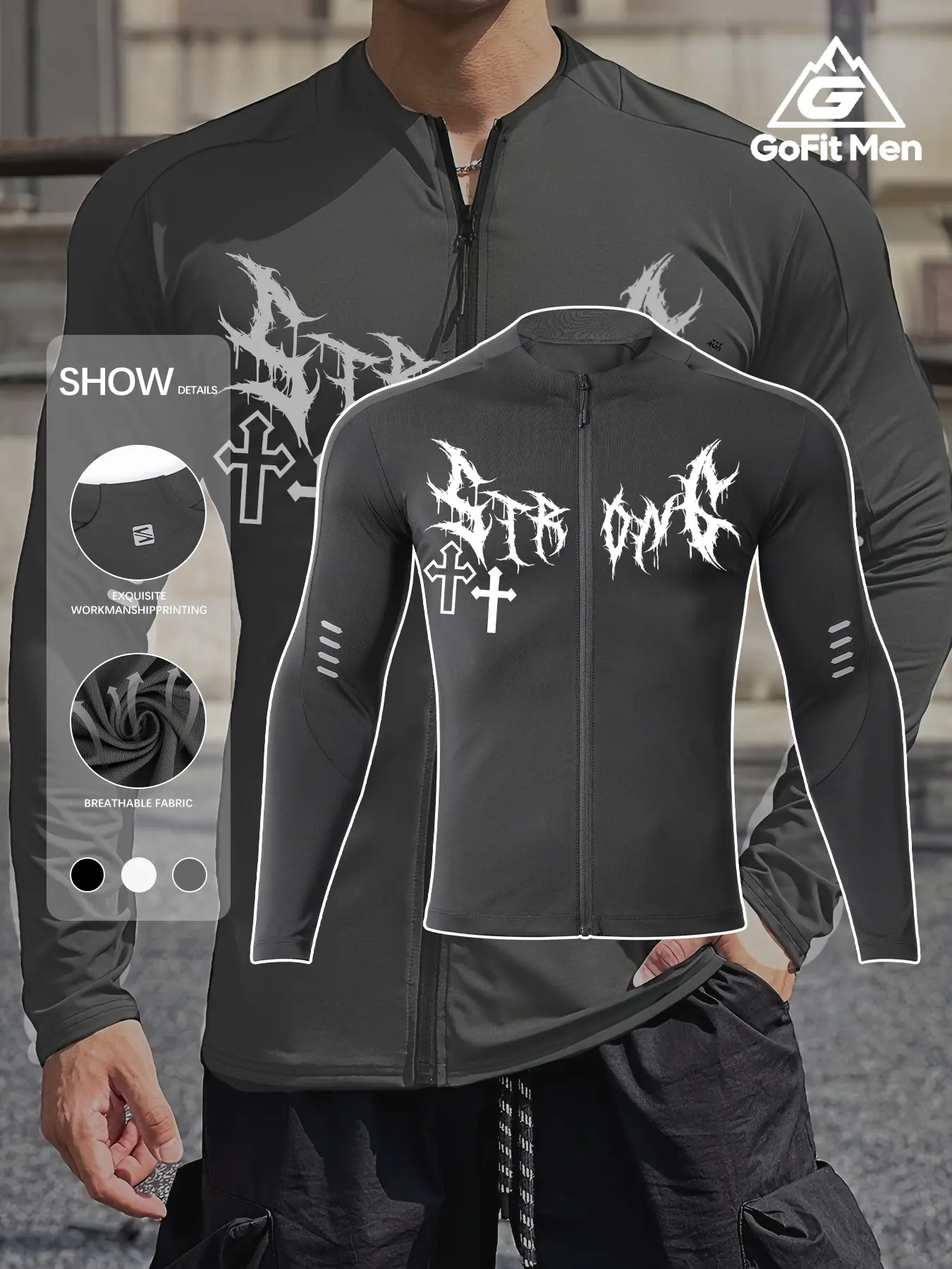 Men's Quick-Dry Zipper Tight Fitness Jacket, Gothic Thorns Cross Print, Breathable Sportswear, Fitted H-Type, Fall Season