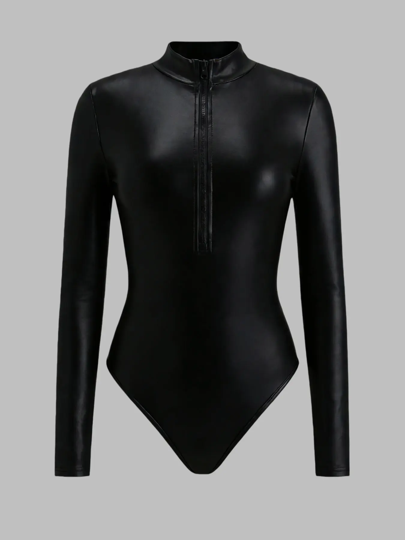 American Style Cool Half-Zip Stand Collar PU Leather Bodysuit, Women's Slim Fit Elastic Faux Leather Long Sleeve Tight Top, Sexy Base Layer Shirt