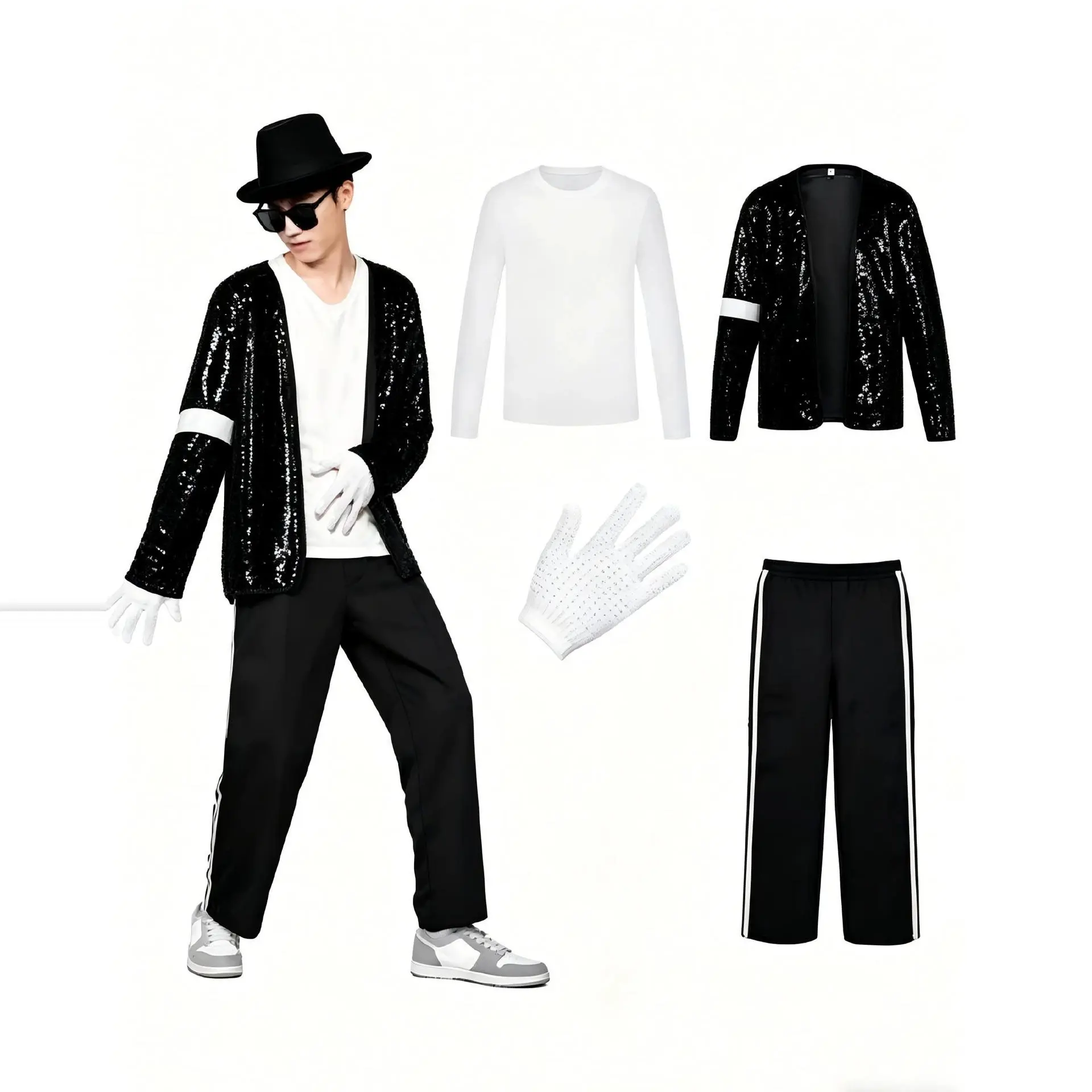 Kids Boy Halloween Cosplay Outfit Jackson Billie Jean Black Suit 80s Pop King Dance Disco Party Fancy Dress Up Top Pants
