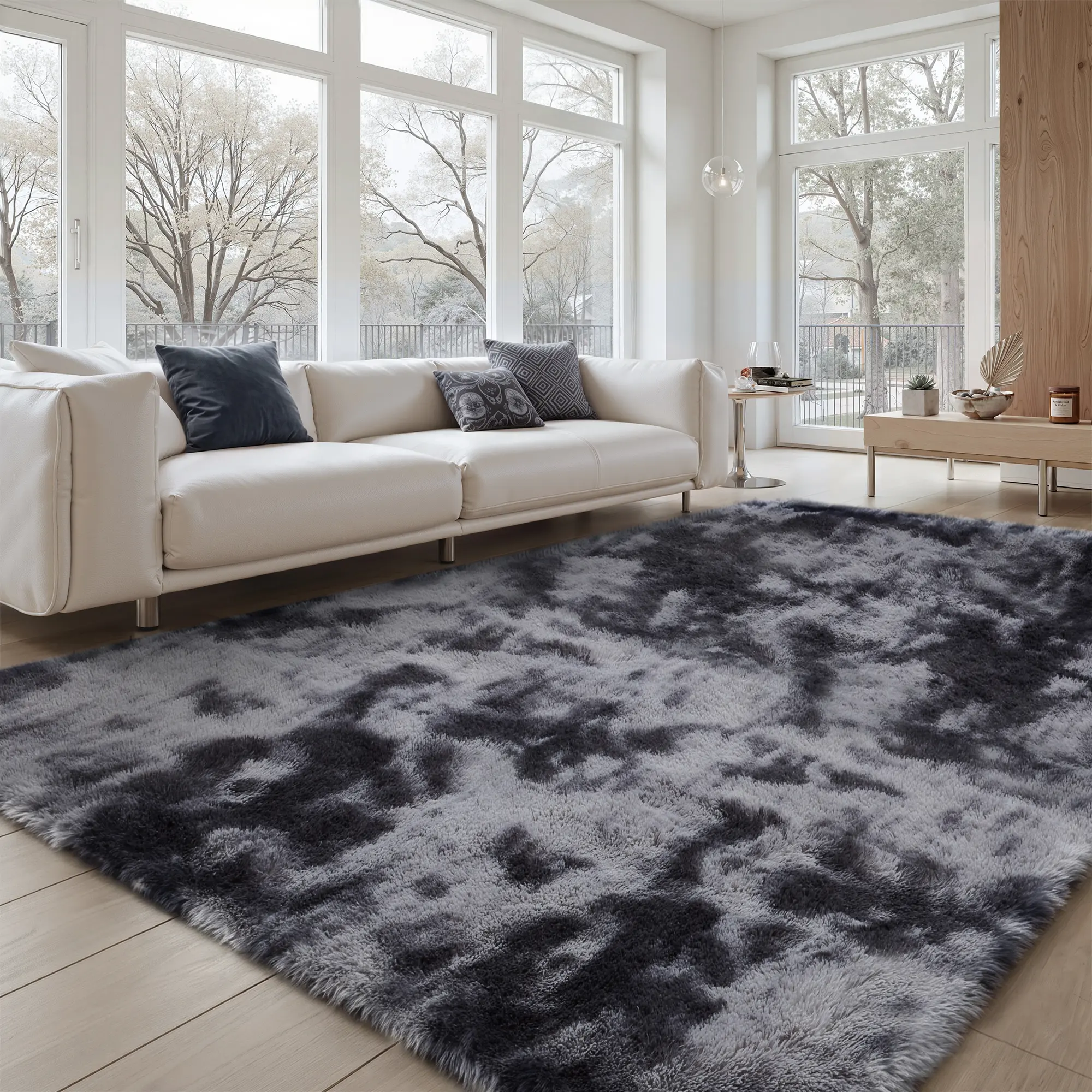 ComiComi 8x10 Tie-Dye Shaggy Area Rug, Ultra Soft Fluffy Plush Furry Carpet, Machine Washable Non-Slip Large Fuzzy Rug for Living Room, Bedroom, Home Office,Gaming Room, Stream Room, Men's Apartment Decor, Dark Gray Black