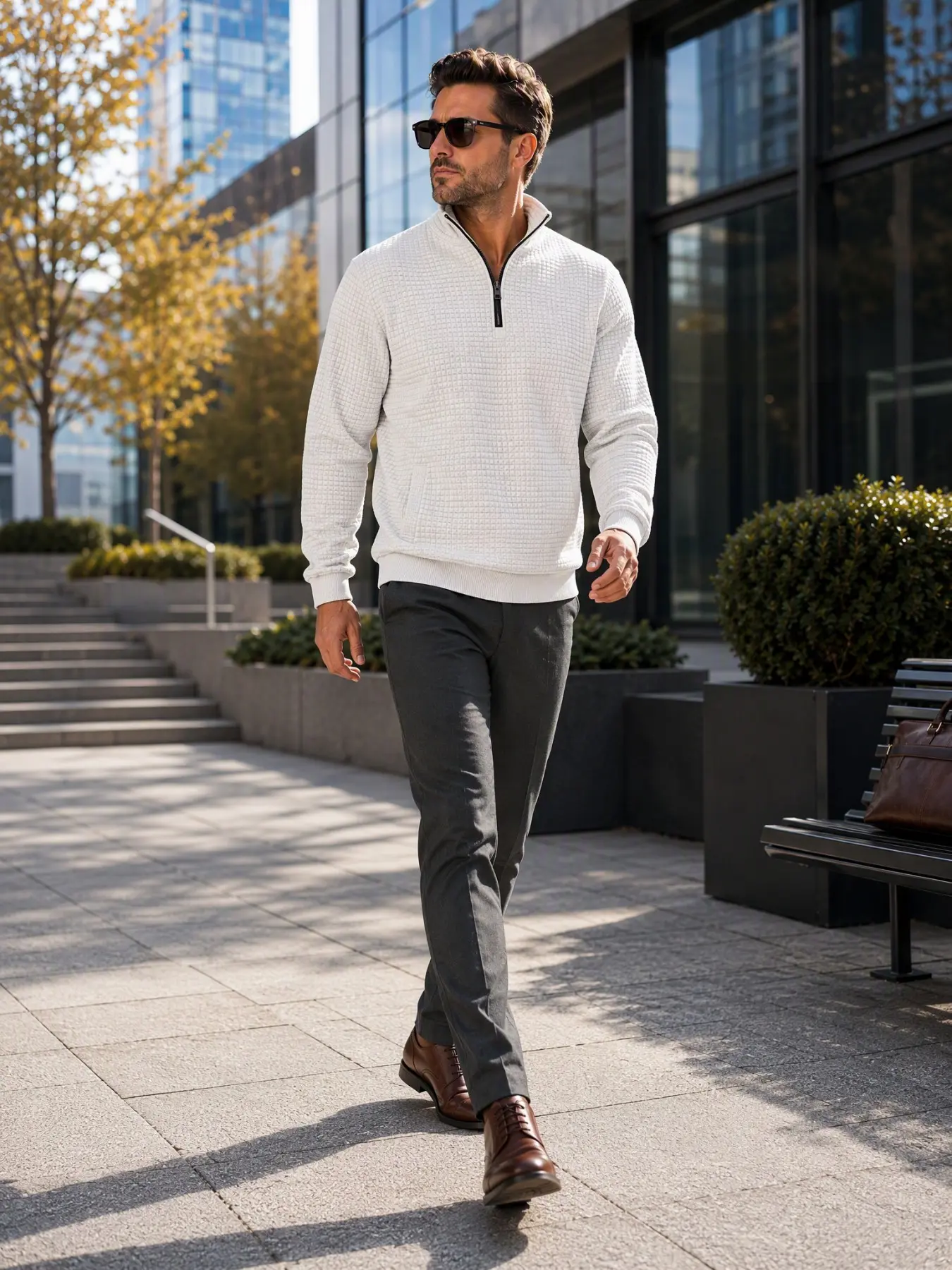 Men's 1/4 Zip Knit Pullover, Classic Navy Herringbone Pressed Half-Zip Windproof Ribbed Hem, Fall Winter Daily Commute Vacation Wear