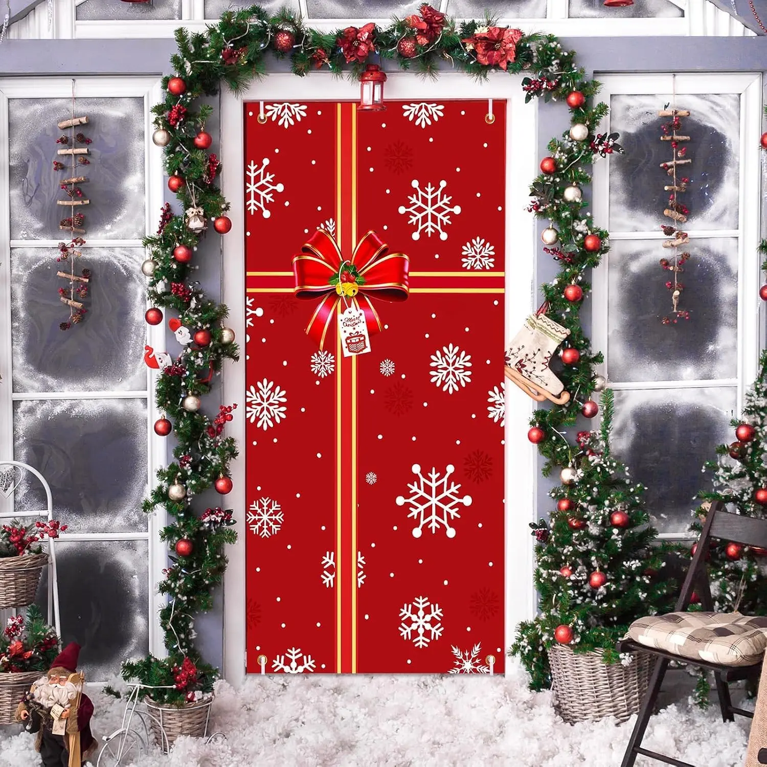 Christmas Door Cover Red  Box Present Door Cover 71x35 Inch | Winter Snowflake Front Cover Sign, Xmas Door Banner Backdrop Decorations, for Holiday  Year Indoor Outside Party Supplies