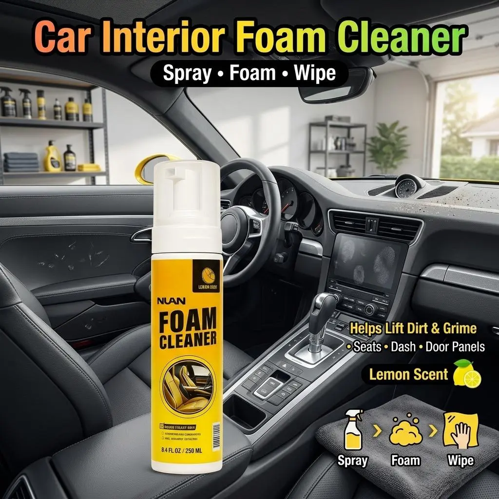 NUAN multi-purpose cleaning spray foam cleaner all purposeNUAN Interior Cleaner – Gentle foam for leather, plastic, and headliner, cleans and protects surfaces effectively.