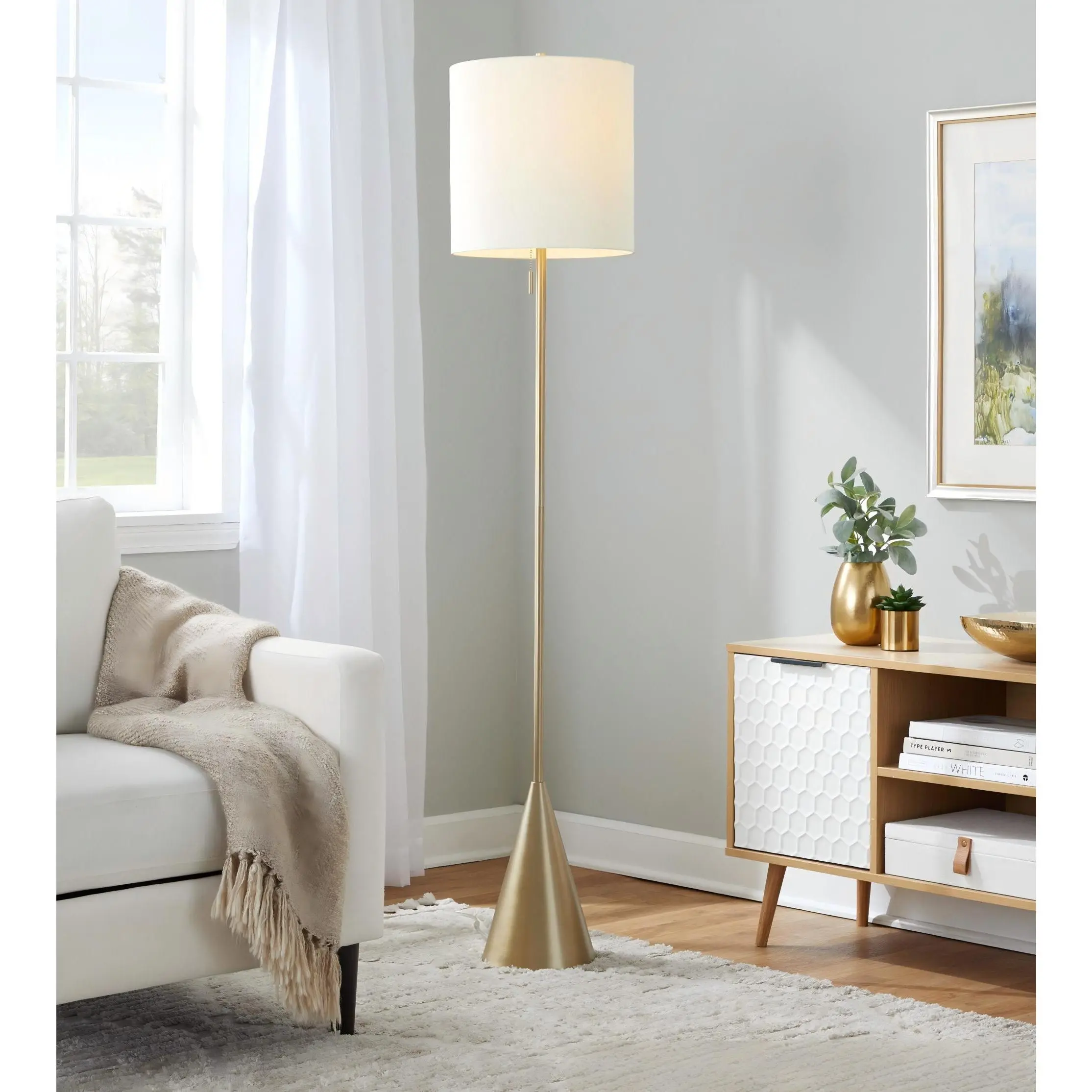 ARCH Contemporary 64" Tall Metal Floor Lamp with White Linen Shade for Living Room, Bedroom, Office, Reading, Standing Lamp, Gold Finish, Modern Decor, 64 Inch, 1 Pack, Home Furniture and Household Product Search Terms for US Online Shopping