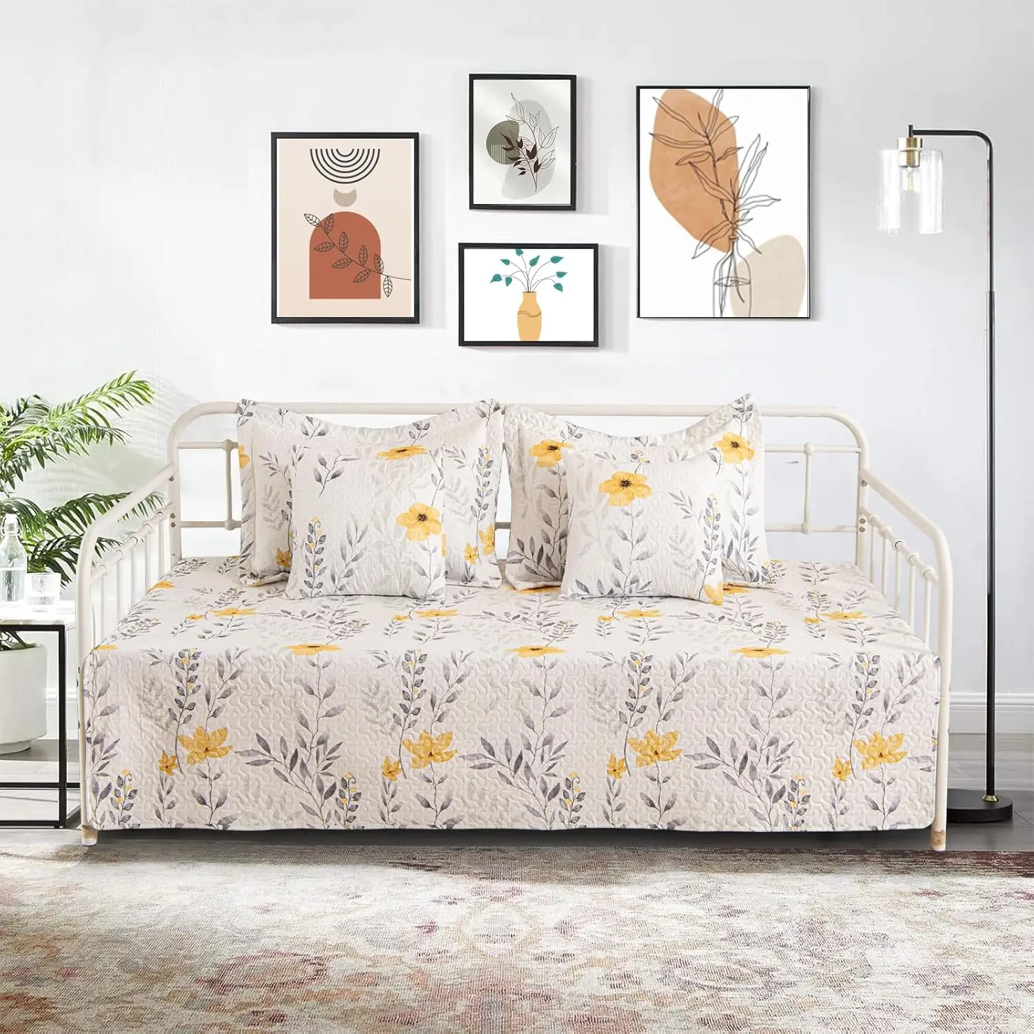 5 Piece Floral Daybed Cover Set Twin Daybed Bedding Sets for All Season Lightweight Flower Day Bed Comforter with Matching Shams&Decorative Pillows,39"x75"