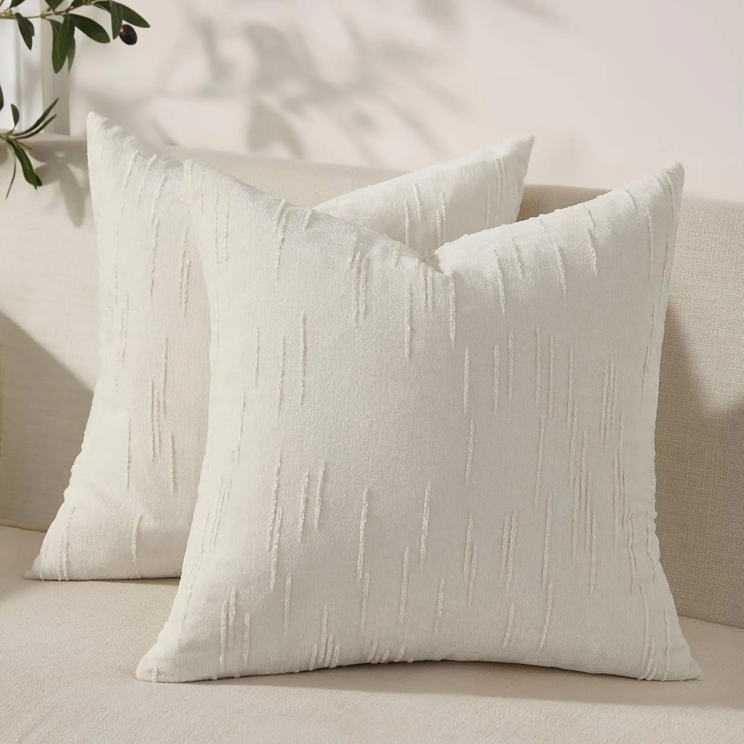 Set of 2 Summer Decorative Throw Pillow Cover 18x18, Solid  Neutral Cushion Covers with  Zipper, Soft Textured Throw Pillows for Bedroom Living Room Couch, White