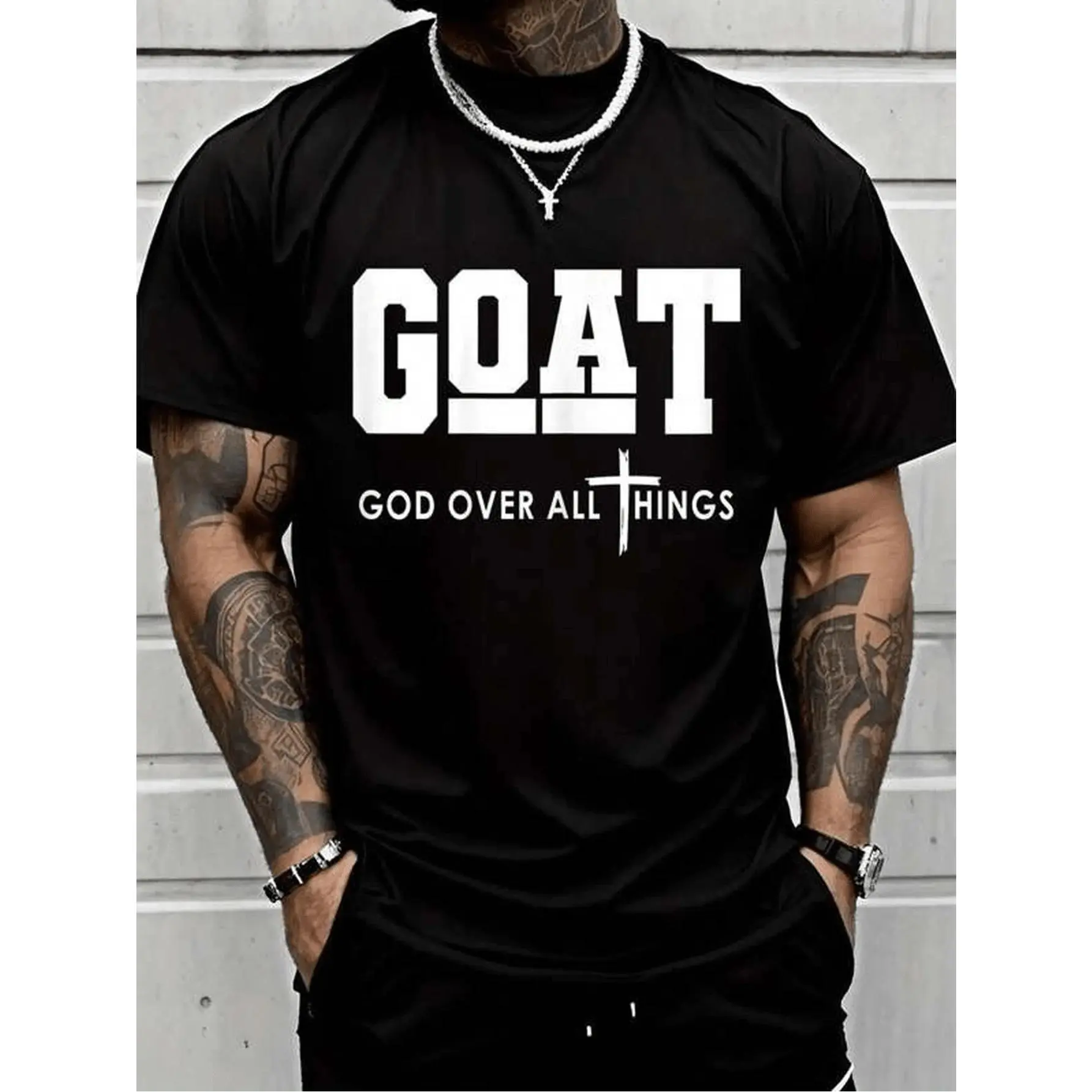 Goat God Over All Things Funny Jesus Christian Printed T-Shirt, Short-Sleeved Crew Neck Casual Top, Suitable For All Seasons, Men's