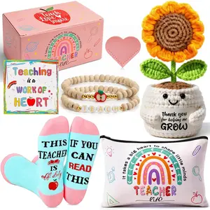 Teacher Appreciation Gifts for Women, Gifts for Teachers, Teacher Gifts Supplies with Makeup Bags Crochet Sunflower Bookmark Bracelet Socks for Teacher Appreciation