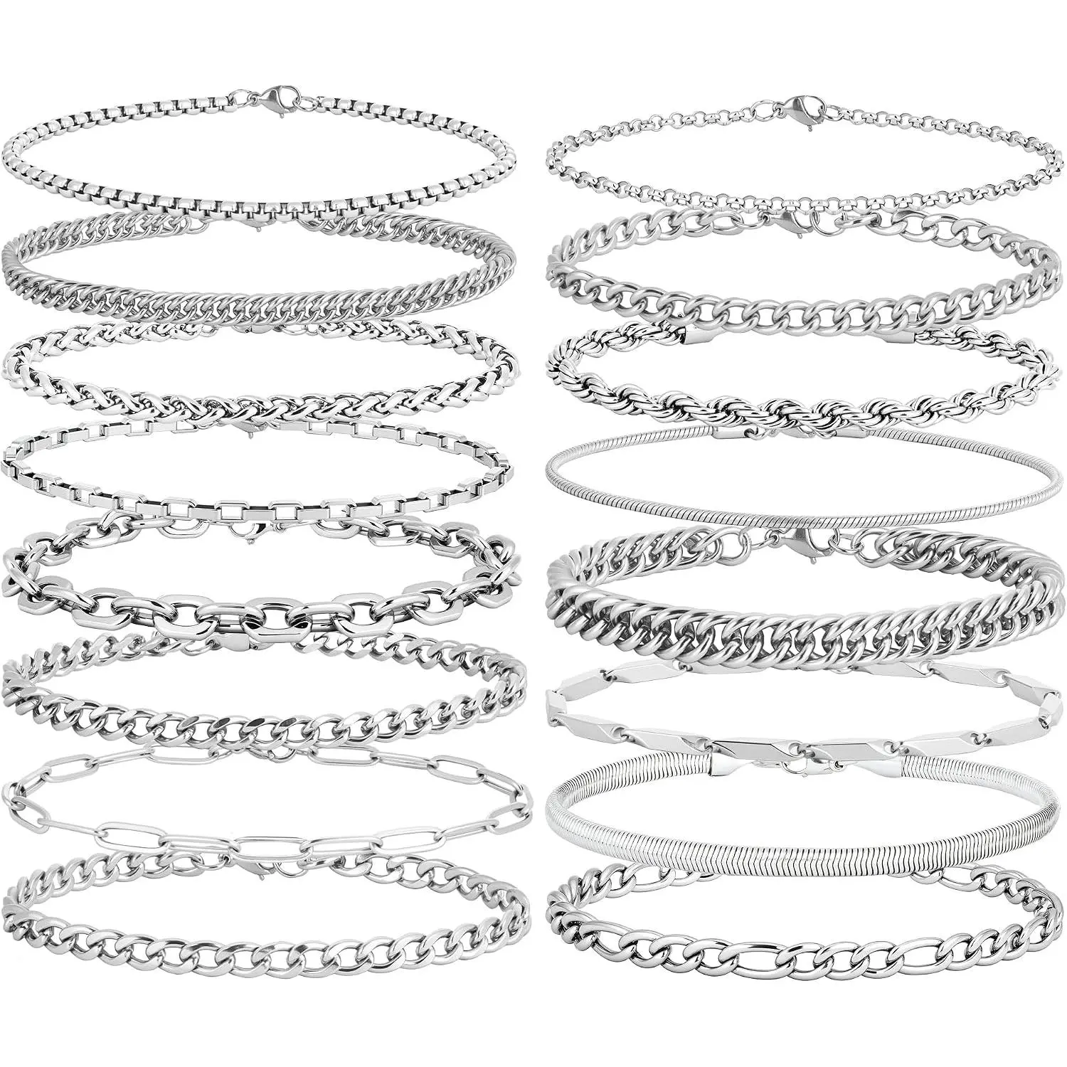 Chain Bracelet for Men Stainless Steel Cuban Link Curb Figaro Herringbone Rope Paperclip Snake Byzantine Curb Chunky Chain  Bracelets  Set for Men 8.3 Inches