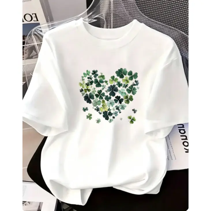 Gradient Green Shamrock Clover Heart Lucky St Patrick's Day Graphic Cotton Short Sleeve T Shirt, Cute Fashion Comfort Oversized Outfit, Perfect Valentine's Day & St Patrick's Day Gift For Lover Family Friends
