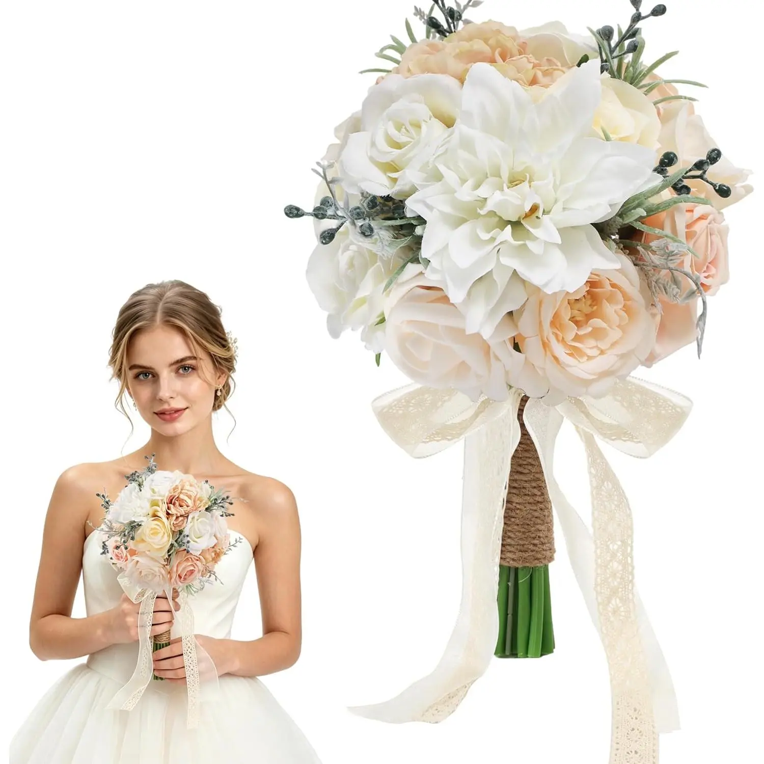 8 in Lightweight Decorative Silk Fabric Wedding Bride Bouquet - Handmade Rustic Rose & Peony, Satin Accent with Lace & Jute Wrap, Bridesmaid Gift for Ceremony, Home Decor (White Champagne)
