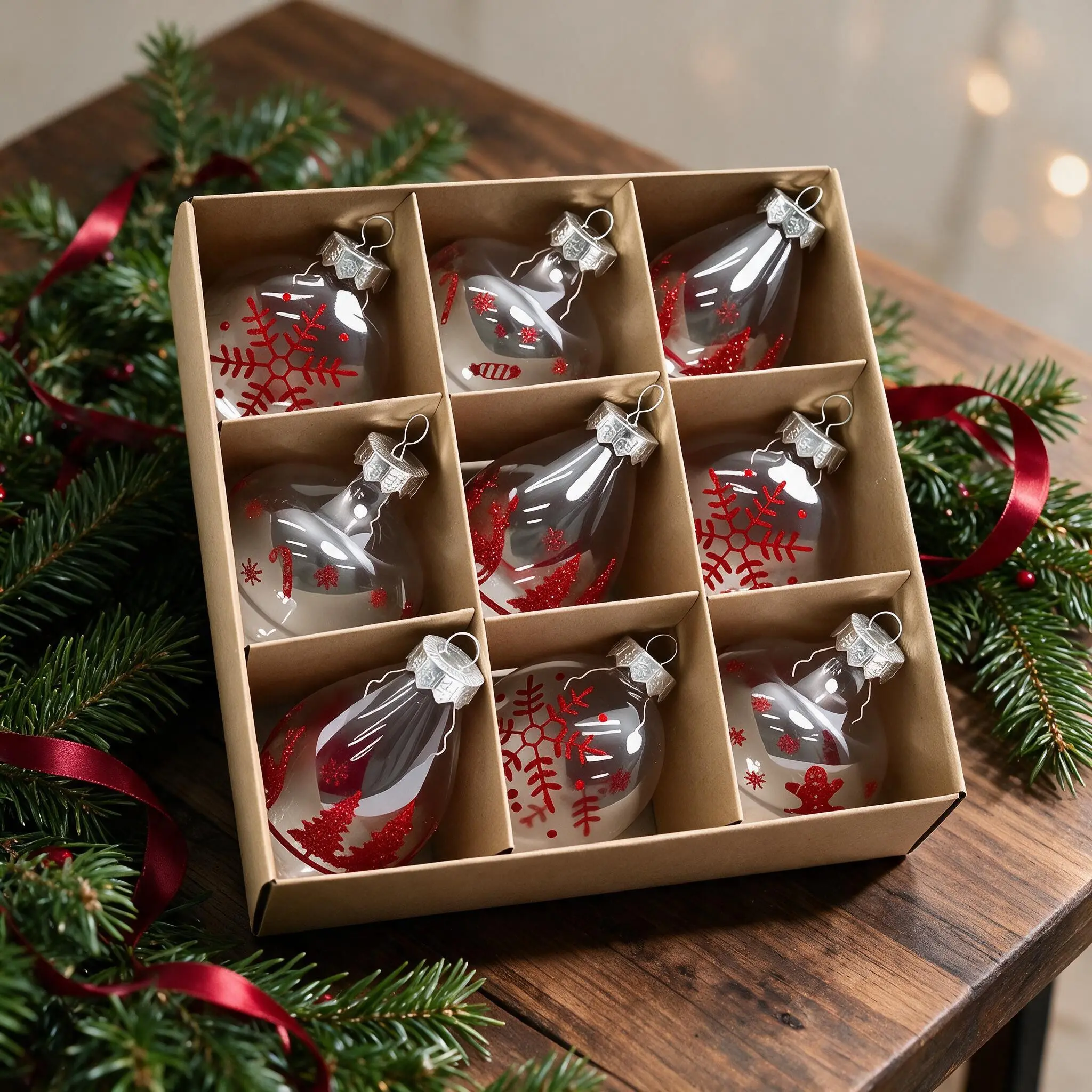 9-Pack Transparent Pet Christmas Ornaments, Glitter Snowflake Reindeer Design, Lightweight Durable, Gift Box Included, Perfect for Holiday Decorations