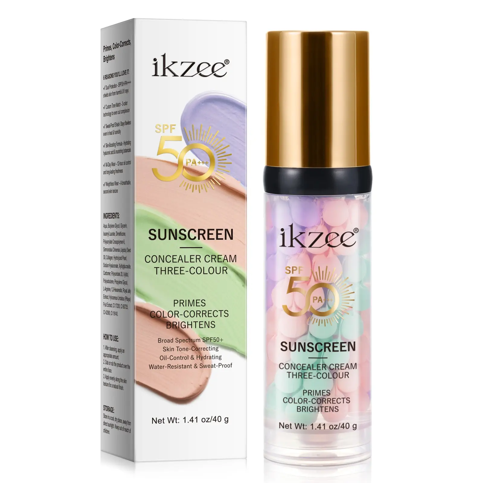 ikzee Three-Tone Concealing Primer, 3-in-1 Primer, SPF 50, Sunscreen Primer, Tinted Moisturizer, Hydrating, One-Step Color-Correcting Primer, Oil-Controlling Concealing Primer, Skin-Tone Correcting Primer, Radiant Skin