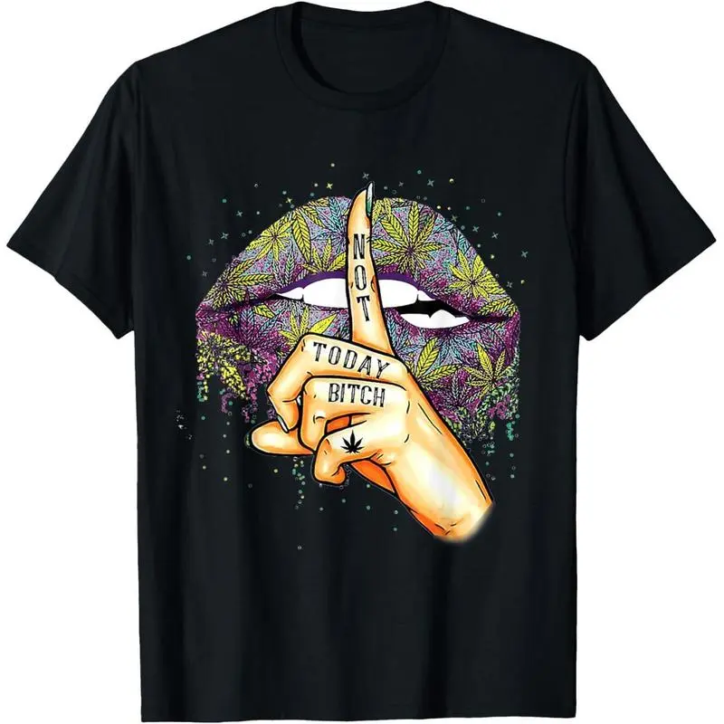 Women's Not Today Cannabis Leaf Lips Graphic Tee, Bk Round Neck Shortsleeve Cotton T-shirt, Summer Casual Sassy Streetwear Sports Top, Women's Graphic Tees, Graphic Print