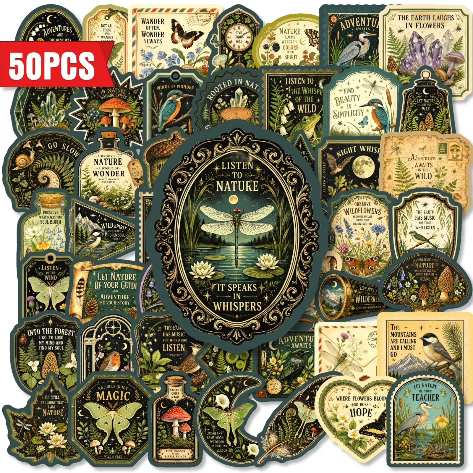 50 Pieces Vintage Forest Crystal Mushroom Series Stickers, Sticker Decals, Home Decor Accessories Suitable for Scrapbooks, Journals, Laptops, Water Bottles, Cars and More, Creative Birthday Gifts