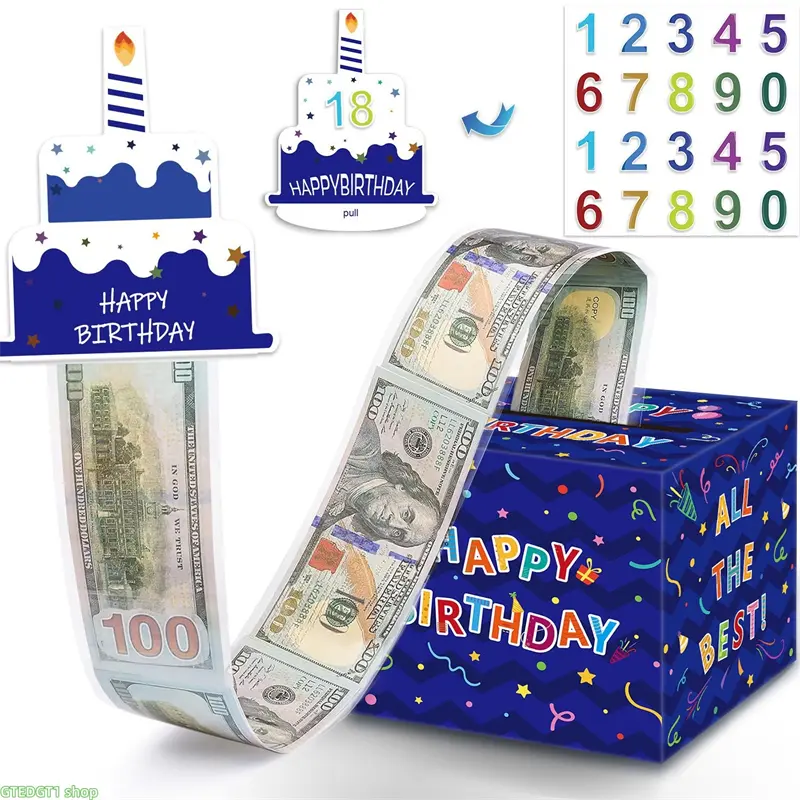 Surprise Gift Box, Birthday Money Pull Out Box, Cash Roll Surprise Container With Cake Pull Flag And Number Stickers, Reusable Color Printed Money Draw Box, Interactive Gift Set For Indoor Birthday Parties, Celebration Occasions As Custom Cash Present For