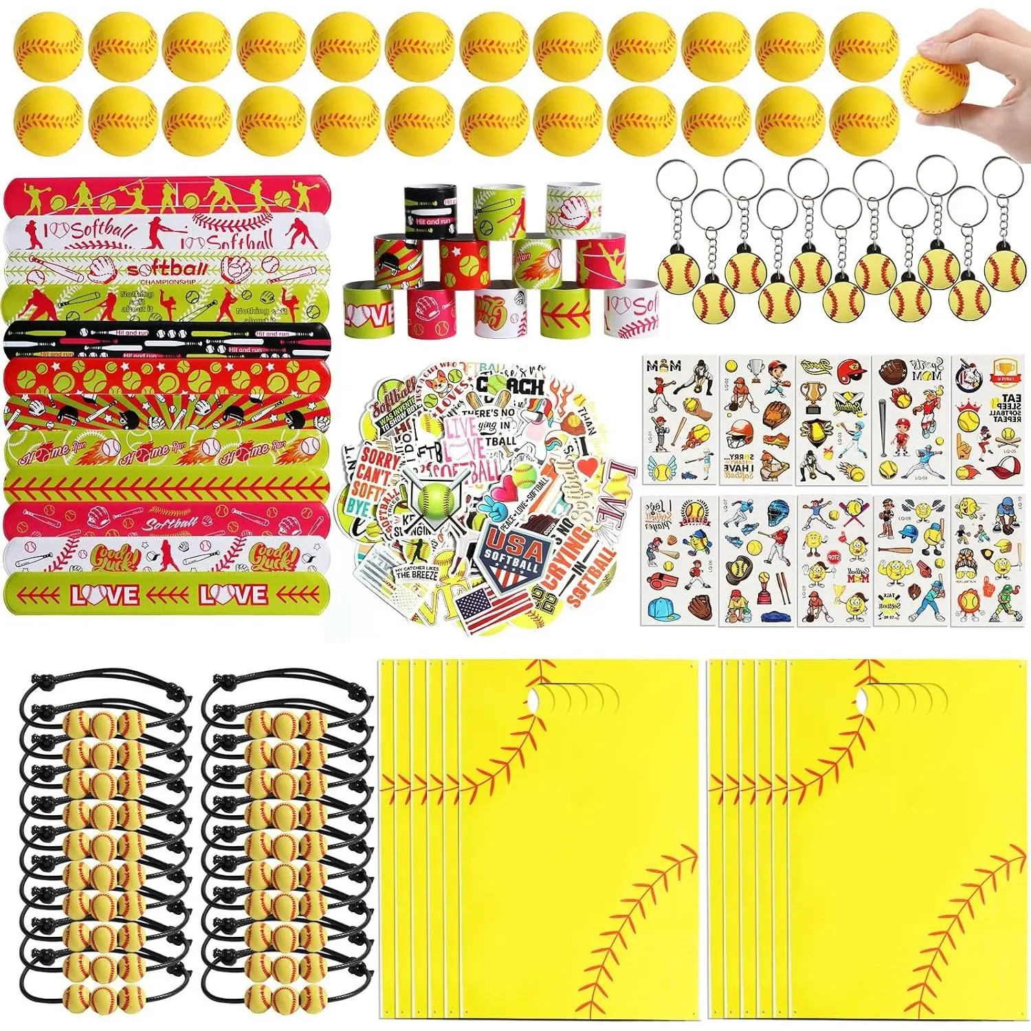 294 Pieces Softball Party Supplies Softball Themed Birthday Gift Goodie Bags 24 Set Mini Foam Stress Balls,Slap Bracelet, Keychain, Charm Bracelets (Softball)