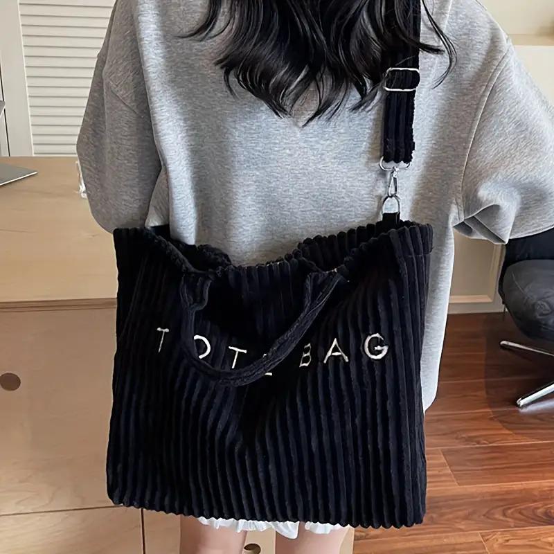 New Corduroy Women's Fashion Solid Color Soft Large Capacity Shoulder Bag with Letter Pattern Contrast Design Adjustable Strap Tote Bag Classic Square Work Bag for Work Shopping Dining as Gift