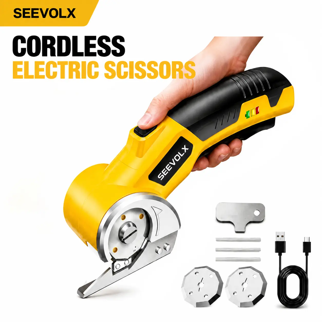 Cordless Electric Scissors, Rechargeable Heavy-Duty Cutter with Safety Lock, LED Light, Blades, Compact Tool for DIY Crafts, Home Workshop, Cardboard, Paper, Carpet, Leather
