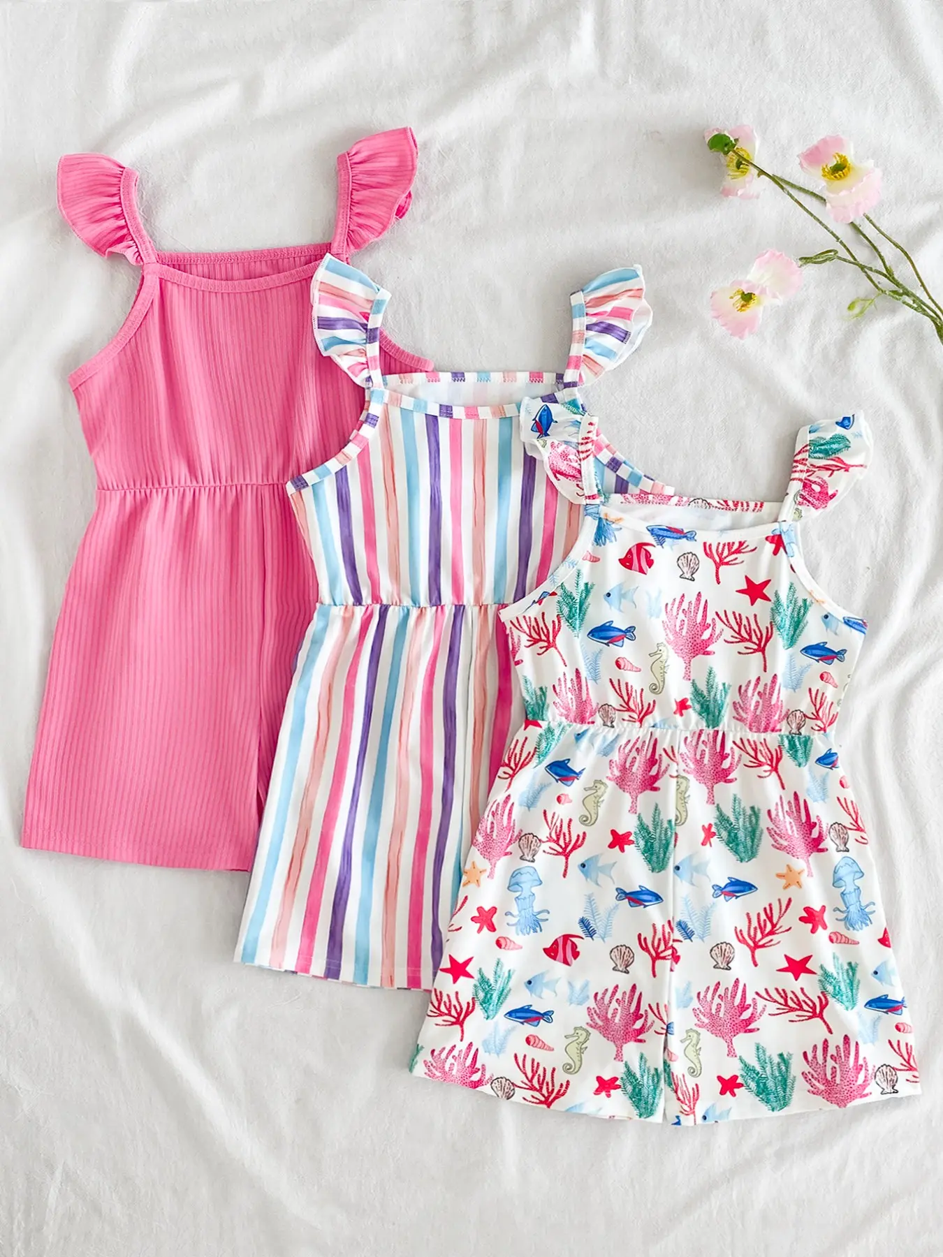 Young Girls Summer Underwater Animal Print Striped Solid Color Sleeveless Cute Three-Piece Set Romper, Sports Outdoor Clothing