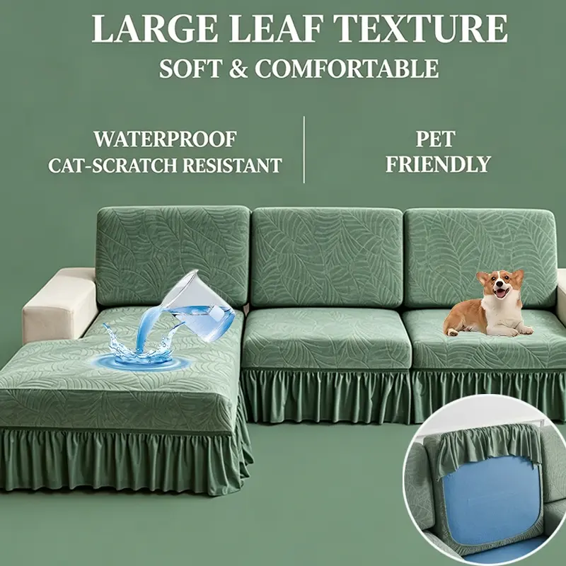 6-Piece Water Repellent Sofa Cushion Cover Set, Non-Slip Leaf Pattern Couch Seat Covers with Ruffle Skirt, L-Shaped Chaise Lounge Protector for Sectional Sofa
