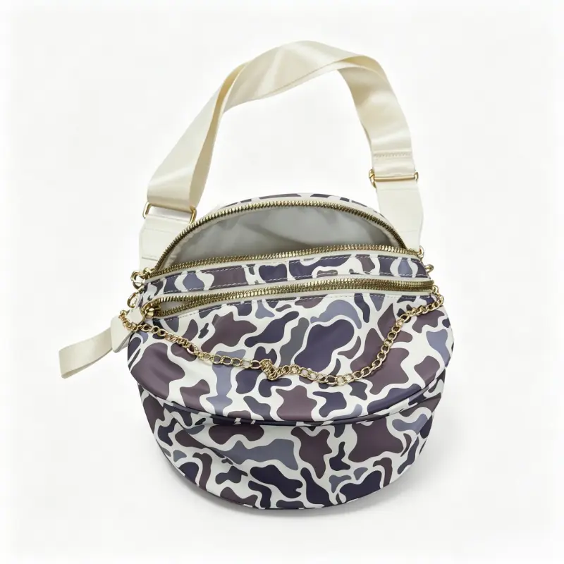 Cow Print Crossbody Fanny Pack Adjustable Wide Strap Waist Bag Lightweight Nylon Sling Chest Bag Fashion Camo Pattern Mini Shoulder Bag with Gold Chain Multi Pocket Casual Travel Daily Use Handbag