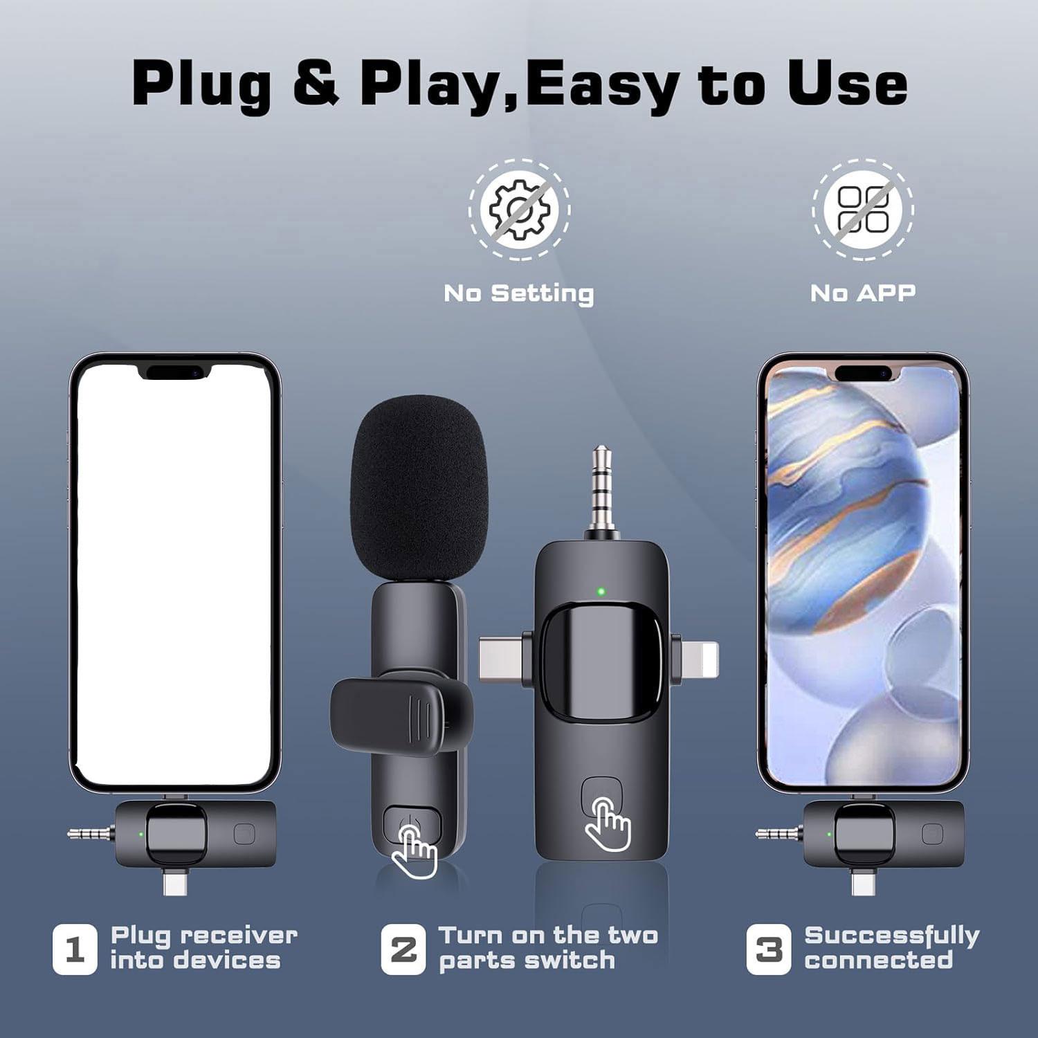 4 in 1 Wireless Lavalier Microphone, USB Rechargeable Wireless Microphone, Professional Wireless Lavalier Lapel Microphone for iPhone Android Phone, USB Streaming Mic