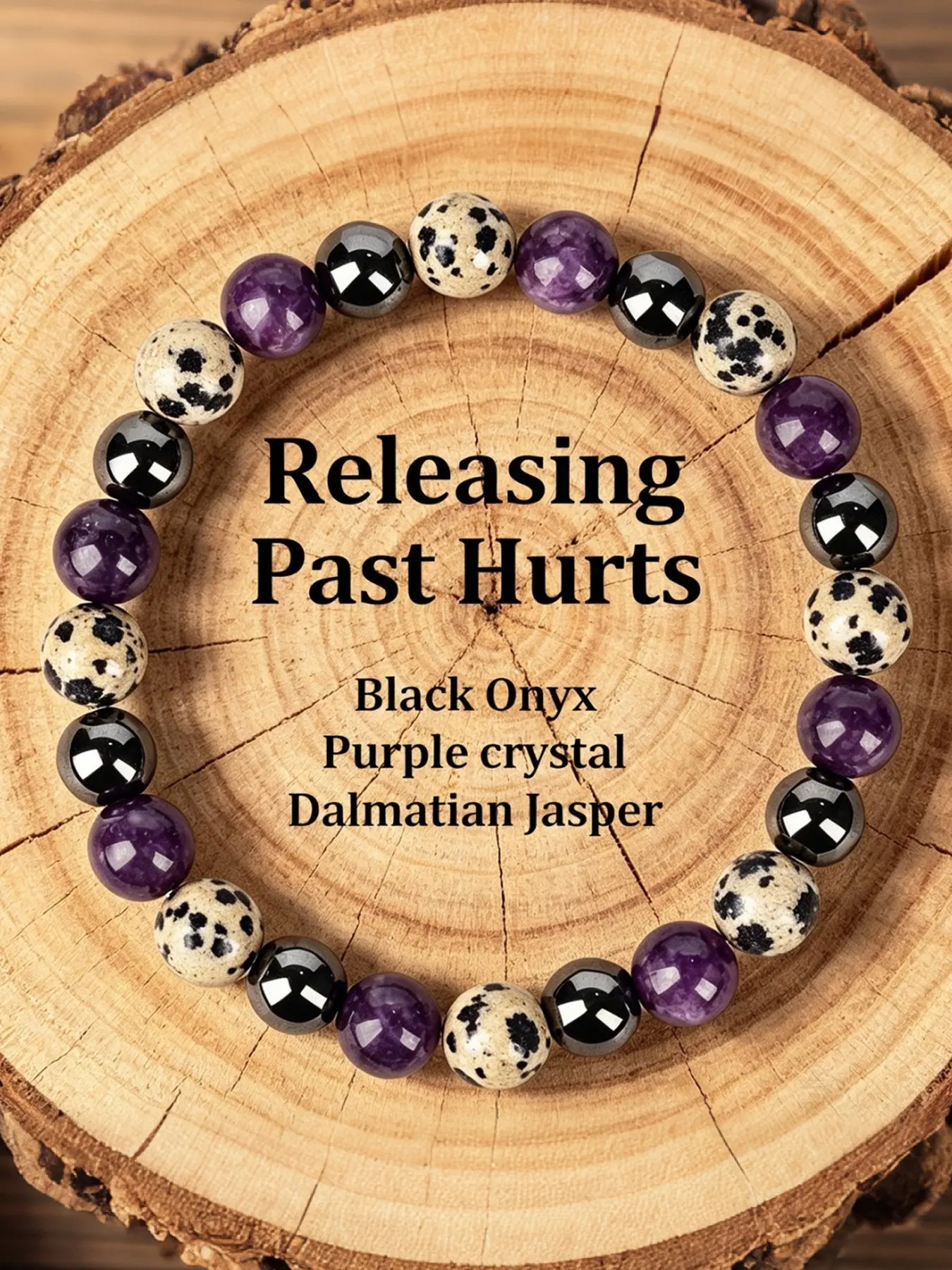 Releasing Past Hurts Emotional Healing Bracelet - Natural Dalmatian Jasper, Black Onyx & Purple Crystal Bead Bracelet Crystals Bracelets
