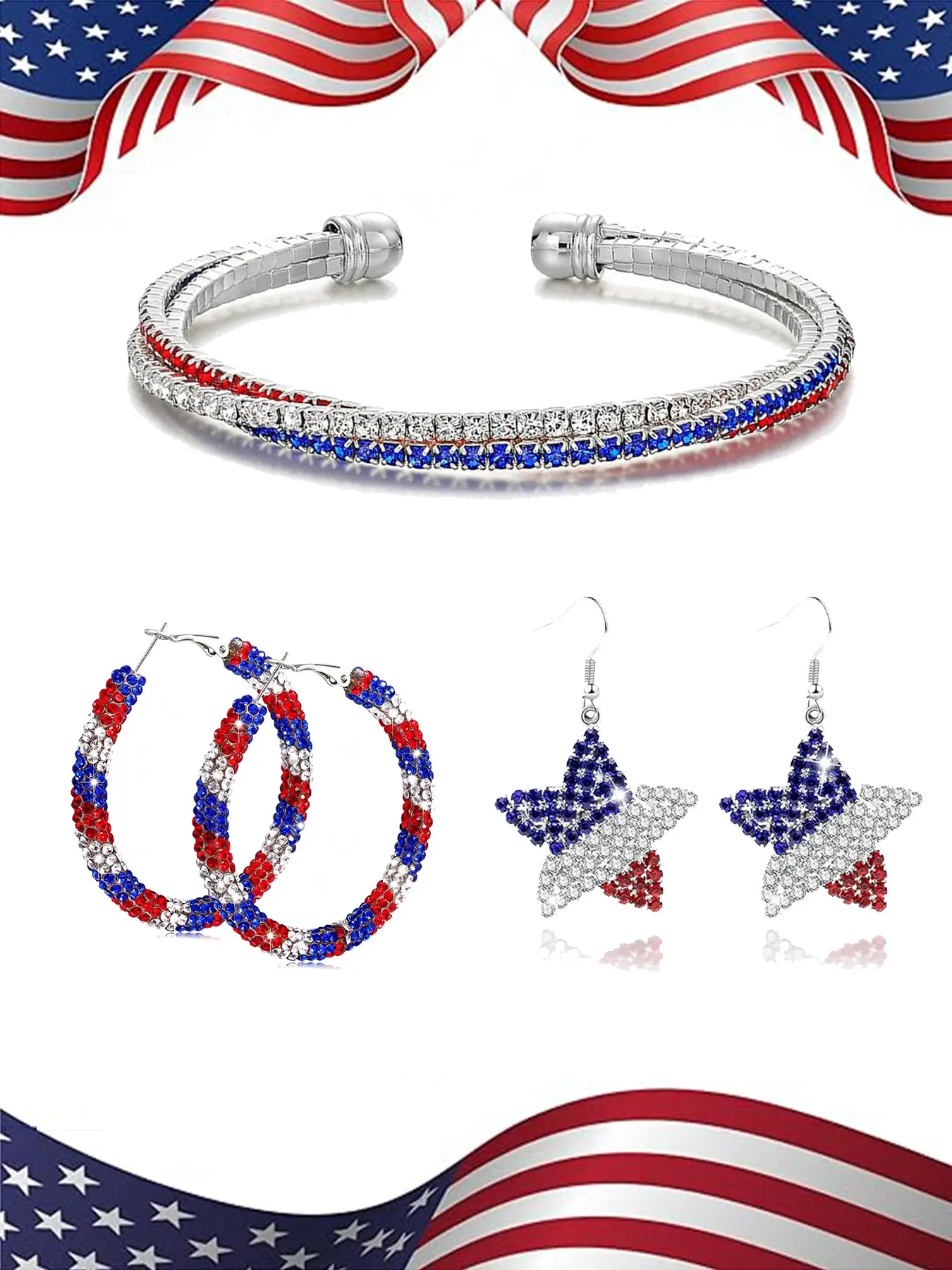 250th US Independence Day Patriotic Jewelry Set: Red White Blue full-rhinestone open cuff bracelet + flag hoop earrings + star drop earrings. Sparkly crystal American flag accessories for women, perfect 4th of July party & holiday gift.