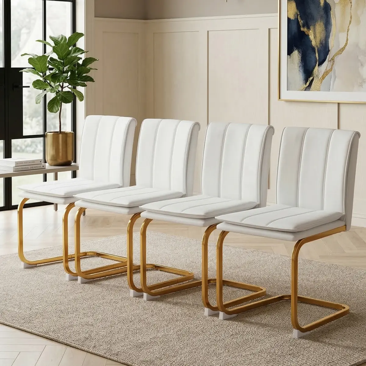 AobtkelModern dining chairs set of 4, PU leather white kitchen chairs, restaurant chairs, suitable for kitchens, living rooms, bedrooms, and offices, and metal legs, Golden   WL