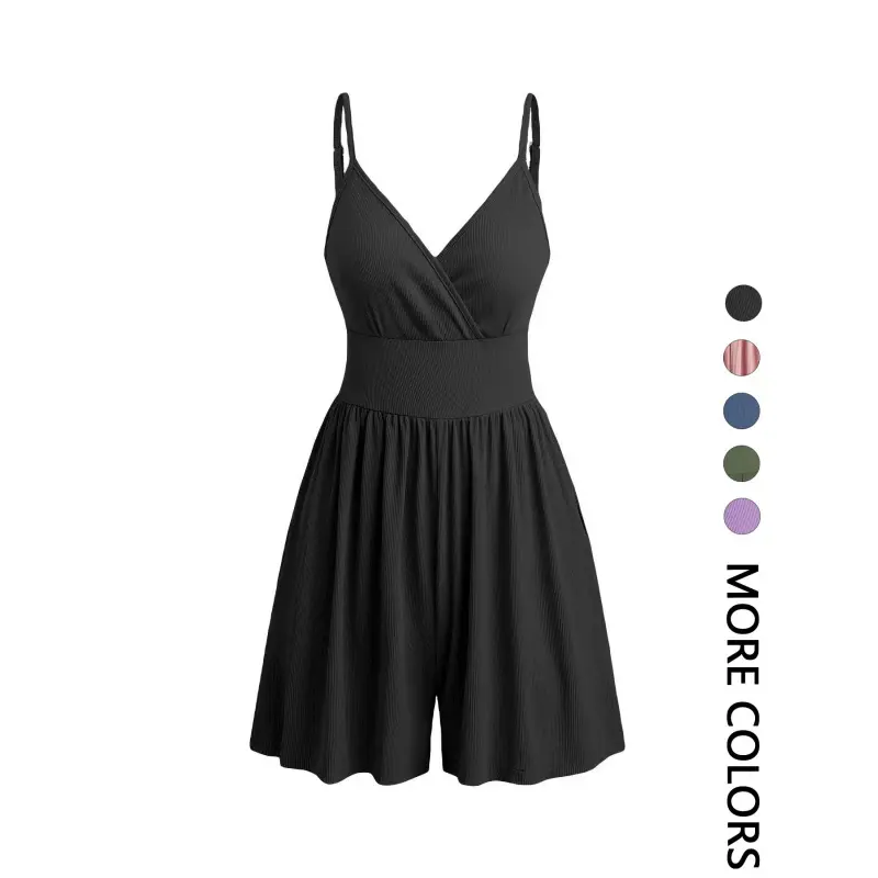 Women's Knitted Plain Backless Wrap Fitted Cami Romper, Casual Chic Adjustable Spaghetti Strap Wide Leg Romper, Summer Outfits 2024, Ladies Clothes for Daily Wear, Jumpsuit