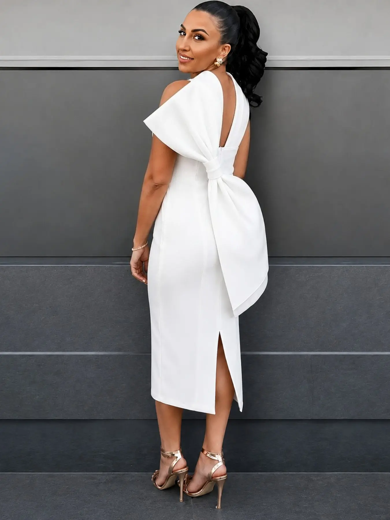 AOMEI Women Sexy Bodycon Midi Dress, Elegant Party Dress, Stand Collar Sleeveless, Oversized 3D Bow Back Design, Perfect for Weddings, Evening Events, Cocktail Parties, Celebration