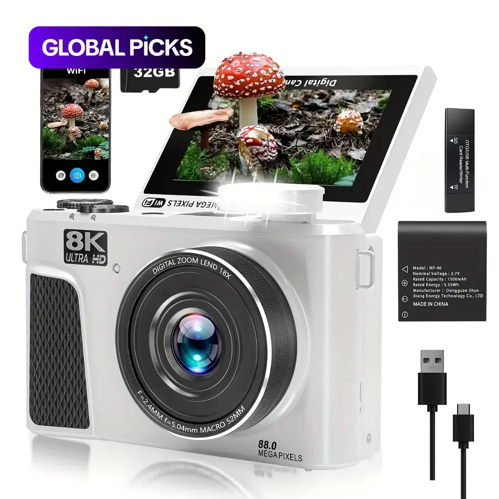 New 8k Digital Camera for Youtube, 88mp Portable Vlogging Camera with Auto Focus, 3-Inch Flip Screen, 18x Zoom, Includes 32GB SD Card #GLOBAL PICKS