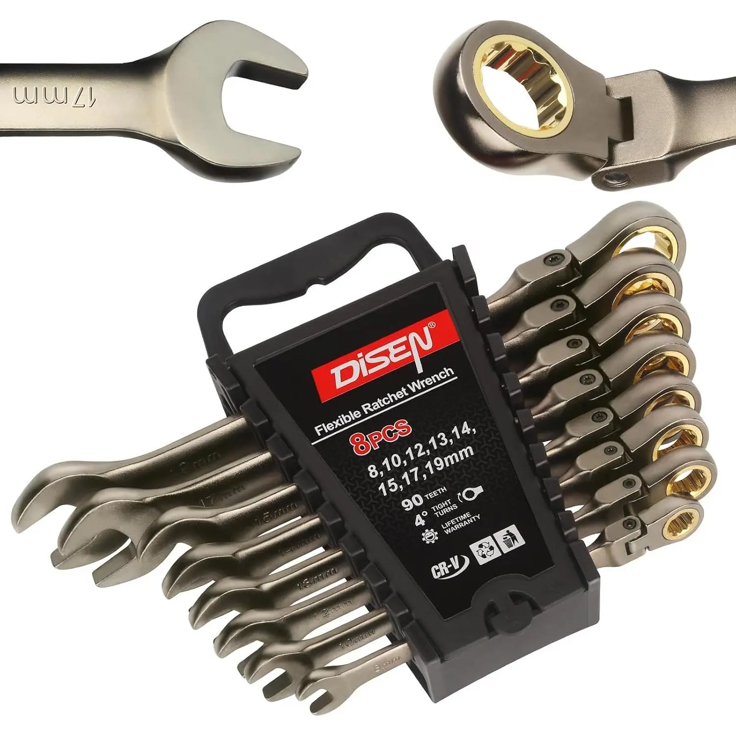 90 Teeth Ratchet Wrenches Set 8 Pieces, Flex Head Ratcheting Wrench Set Metric 8 10 12 13 14 15 17 19MM, Nickel Plating Cr-V Constructed with Organizer Rack