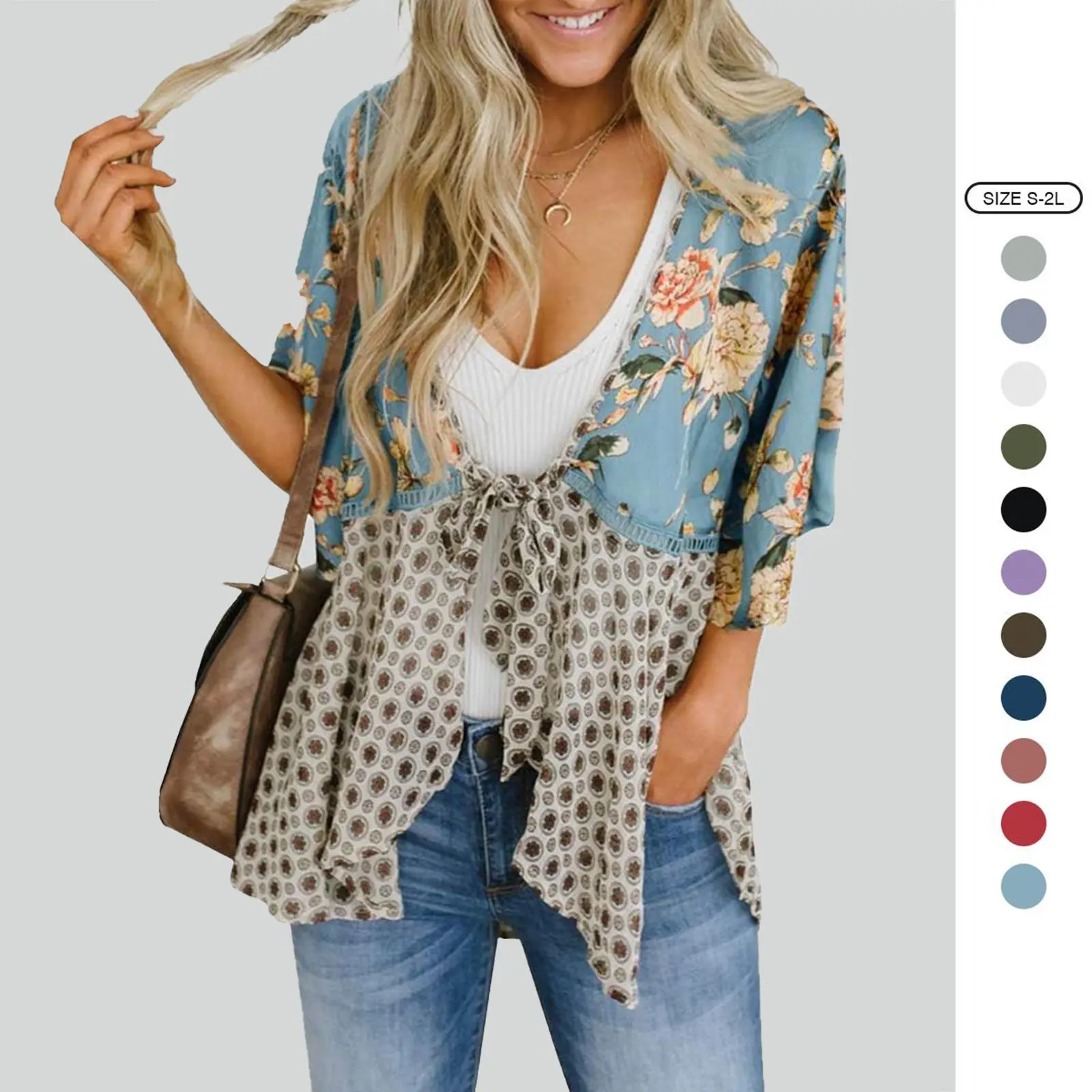 Imily Bela Womens Floral Boho Patchwork Kimono Cardigan Ruffle 3/4 Sleeve Chiffon Lightweight Flowy Belt Tie Front Loose Cover Ups