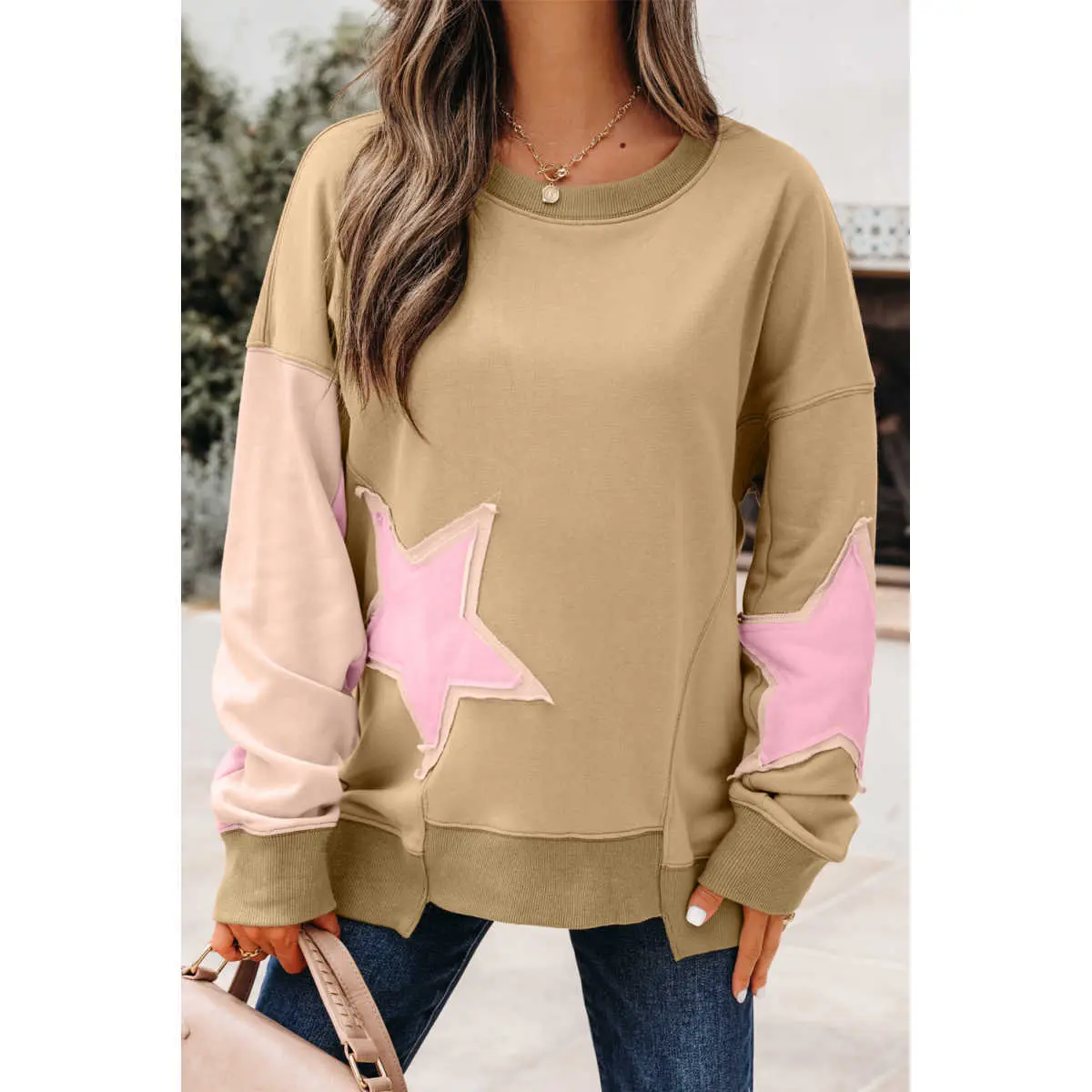 Sage Green Contrast Star Patchwork Exposed Seam Uneven Hem Drop Shoulder Sweatshirt