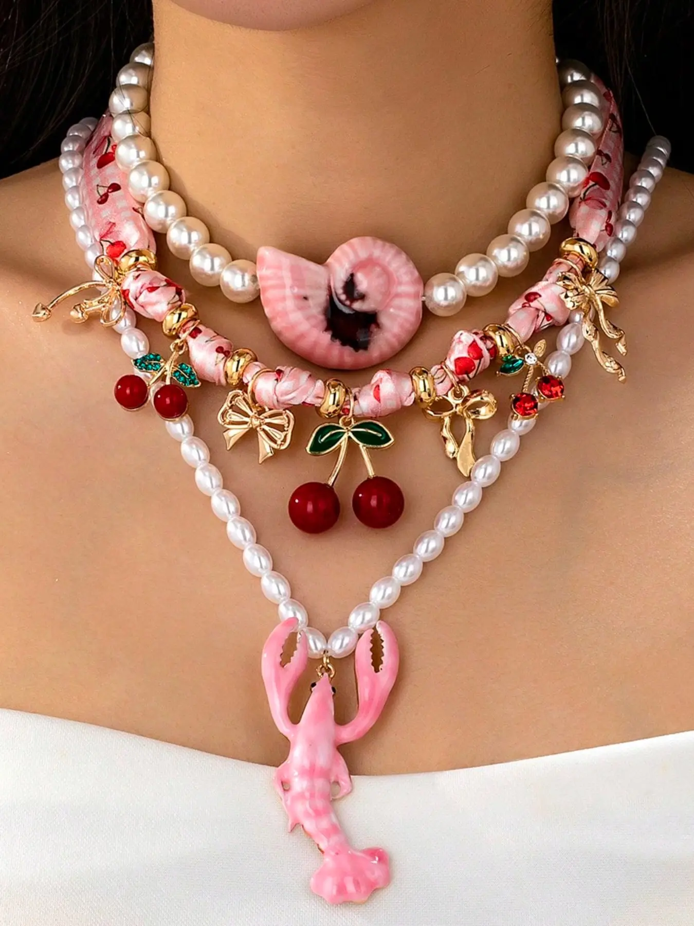 3Pc Summer Bohemia Style Boho Cherry Charm Scarf Necklace, Lobster Pendant Sea Conch Faux Pearl Beaded Necklaces Costume Jewelry Necklace Jewelry for Women, Vocation Style Jewelry Accessories