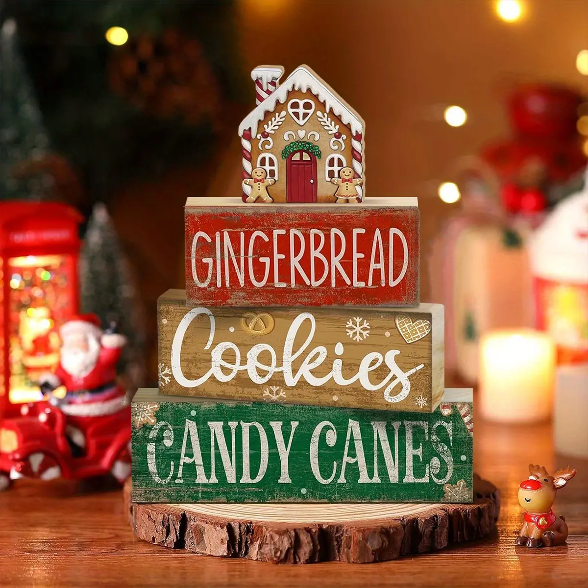 Set of 4 Farmhouse Christmas Table Centerpieces, Nativity Scene & Gingerbread Signs, Tiered Tray Decor, Nativity Figurines, Gingerbread Decor for Mantel, Dining Table, Home Kitchen, Easy to Assemble