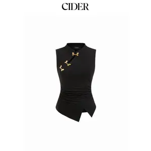 Cider Mandarin Collar Metal Detail Cut Out Ruched Split Top SummerWins Dealsforyou