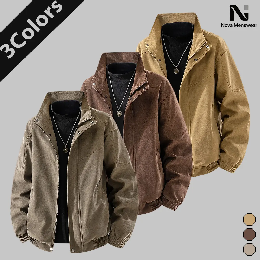 Men's Retro Suede Harrington Jacket Stand Collar Zip Casual Workwear Cargo Outerwear Elastic Waist Coat cozy soft cool clean chic active sporty premium classic stylish durable trendy relaxed comfy modern vibe urban fresh hype Multi-Color