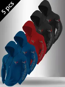 Men's Colorblock Long Bull Head Vertical United States Letter Print Drawstring Hooded Long Sleeve T-Shirt, Slim Fit Western Patriotic Top#UnitedStatesGraphicTop#TikTokFashion#TrendingMens#MenDailyOOTD