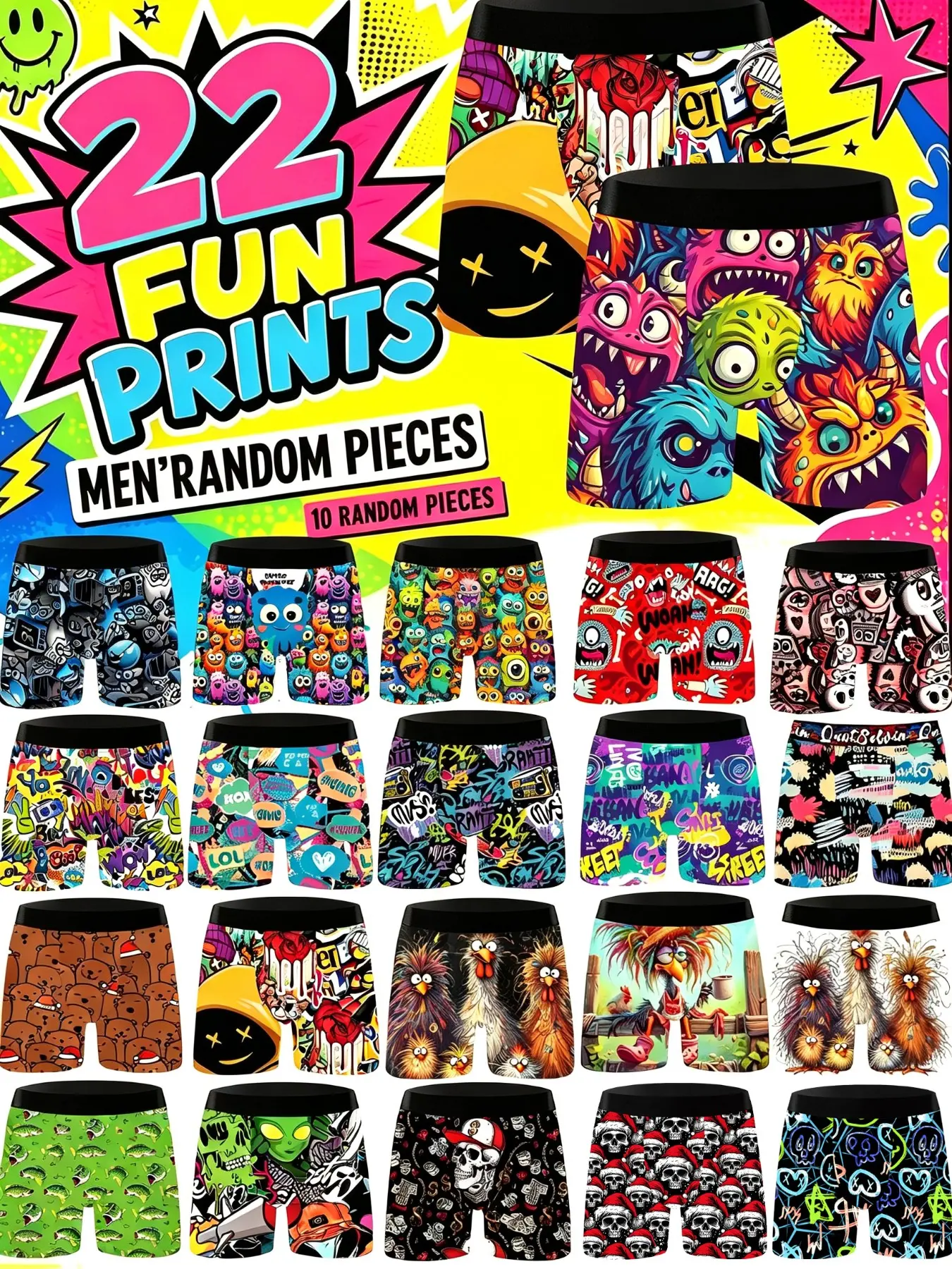 10-Pack Cartoon Digital Graffiti Print Men's Underwear, Knit Stretch Novelty Print Briefs, Comfortable Breathable Daily Wear, Perfect Gift for Him