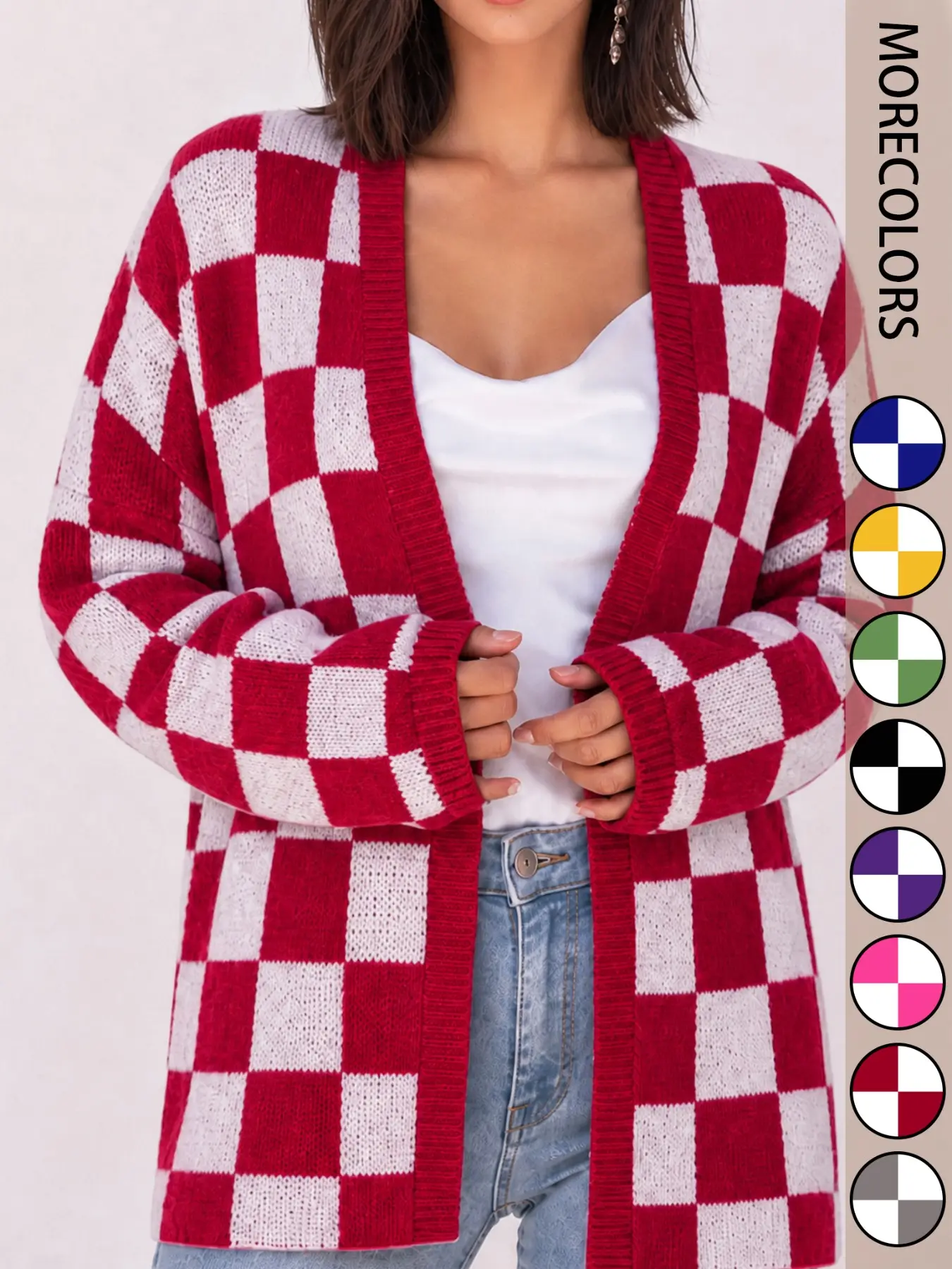 Plus Size Women's Plaid Knit Cardigan, V Neck Open Front Loose Fit Long Sleeve Sweater Coat, Fall & Winter Casual Outerwear