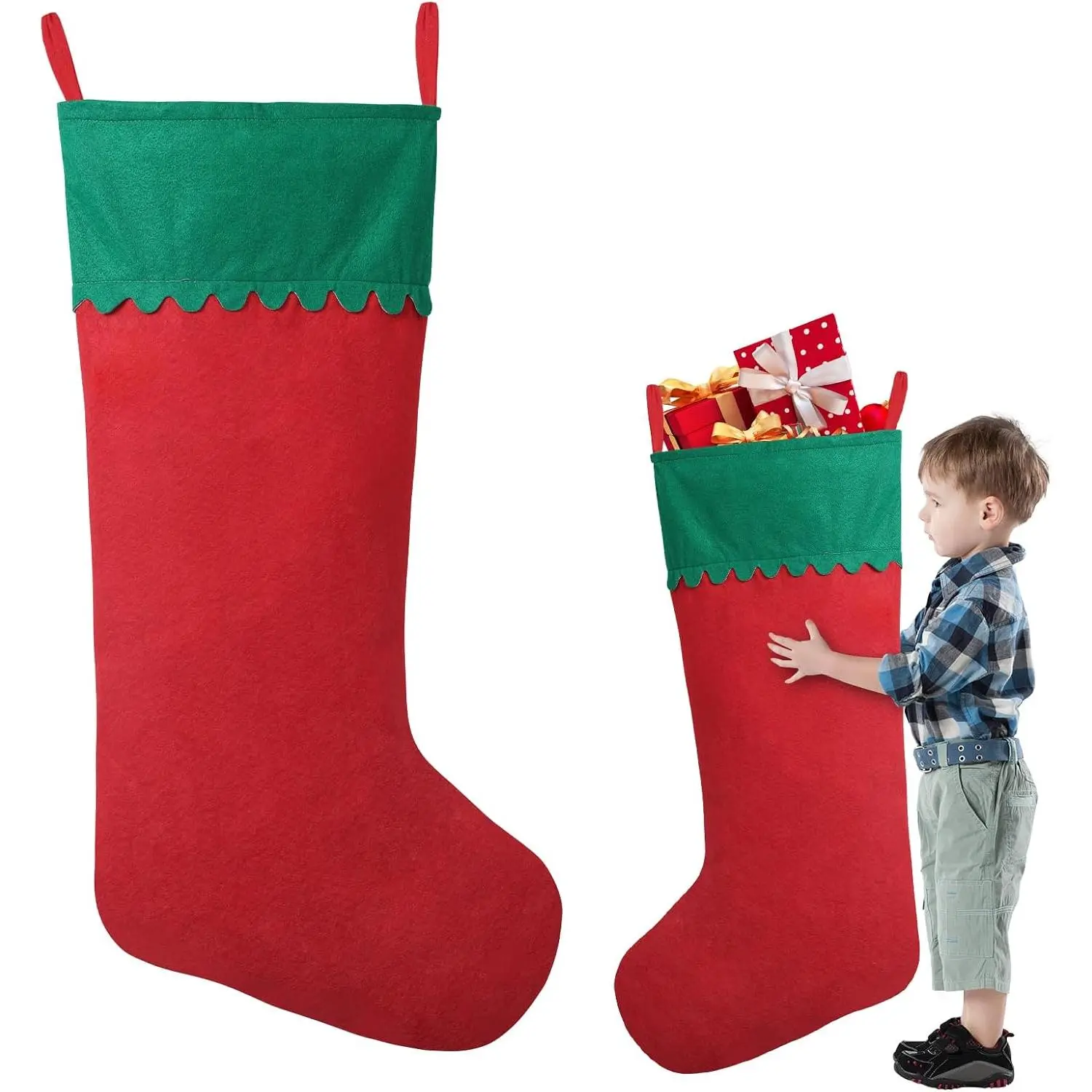 2 Pack 38 Inches Jumbo Large Red and Green Felt Christmas Stockings for Xmas Tree Fireplace Hanging Decor Holiday Party Family Home Decorations