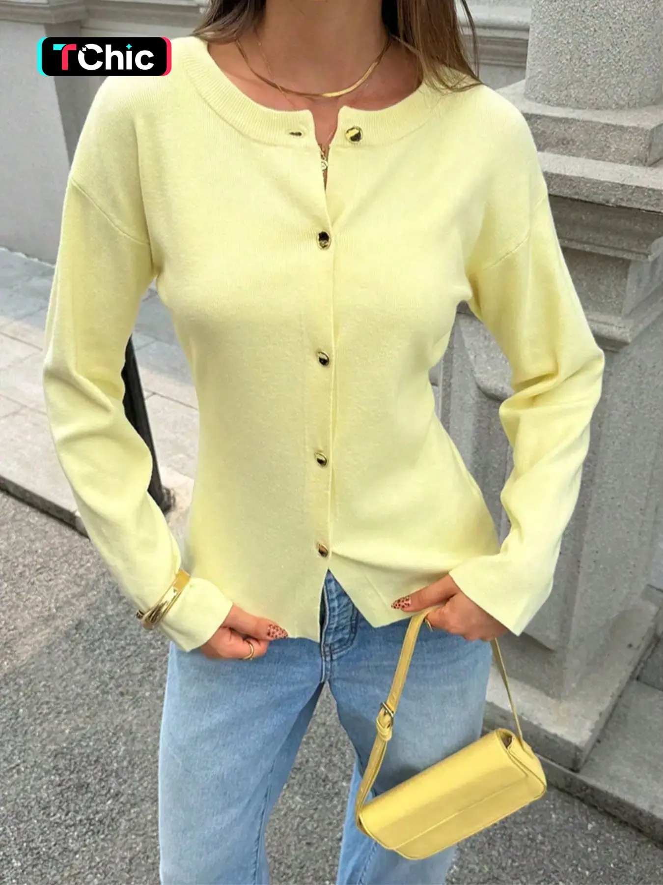 Soft Pale Lemon Yellow Crew Neck Knit Cardigan Women Single Row Gold Round Buttons Loose Drop Shoulder Long Sleeve Slim Waist Curved Split Hem Lightweight Knit Jacket Spring, Casual, Daily Street Shopping Coffee Date Pastel Color Basic Versatile Layer