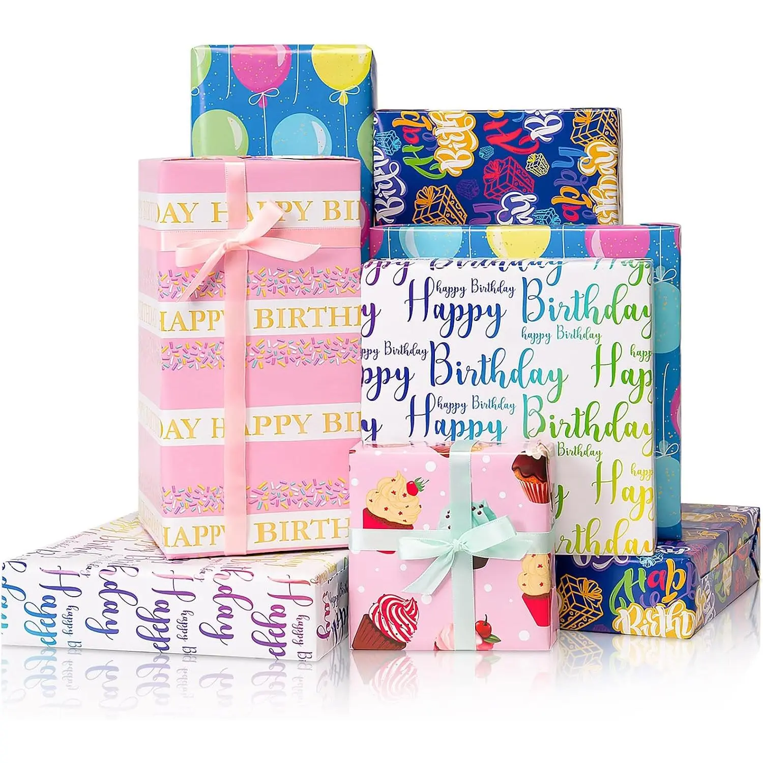 Birthday Wrapping Paper Set - 5 Sheets and 5 Silk Ribbons, Colorful Cupcake Balloon  Wrapping Paper, Glossy Coated  Wrap for  Girls Boys Women Men Birthdays Party (27.5x19.6inch)
