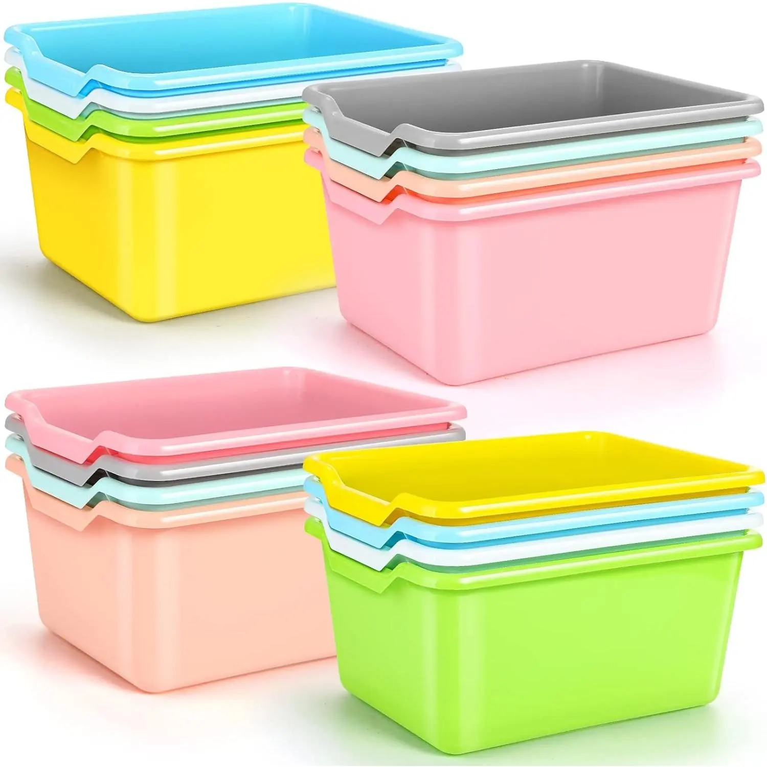16 Pcs Plastic Book Bins for Classroom Library Cubby Scoop Front Stackable Toy Storage Tubs Containers for School Office Home Nursery Playroom Organization (Candy Color)