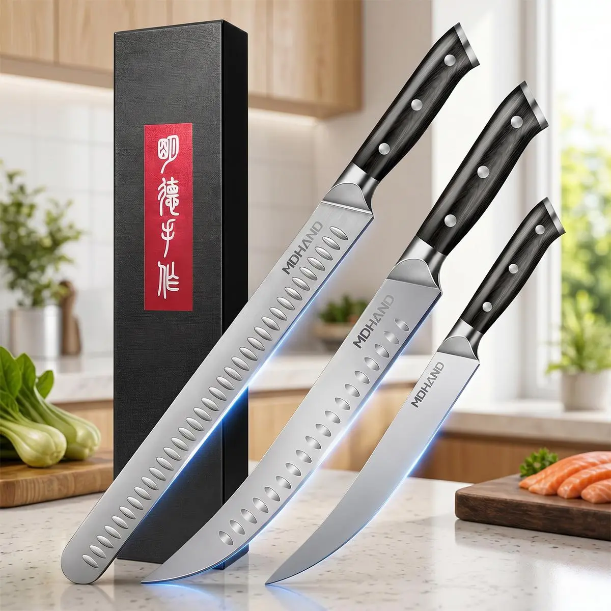 3Pcs Knife Set for Meat Cutting, Carving BBQ Brisket Knives, Hand-forged Kitchen Knive Set with Ergonomic Handle, with Ergonomic Pakkawood Handle, Breaking & Boning & Slicing Knife